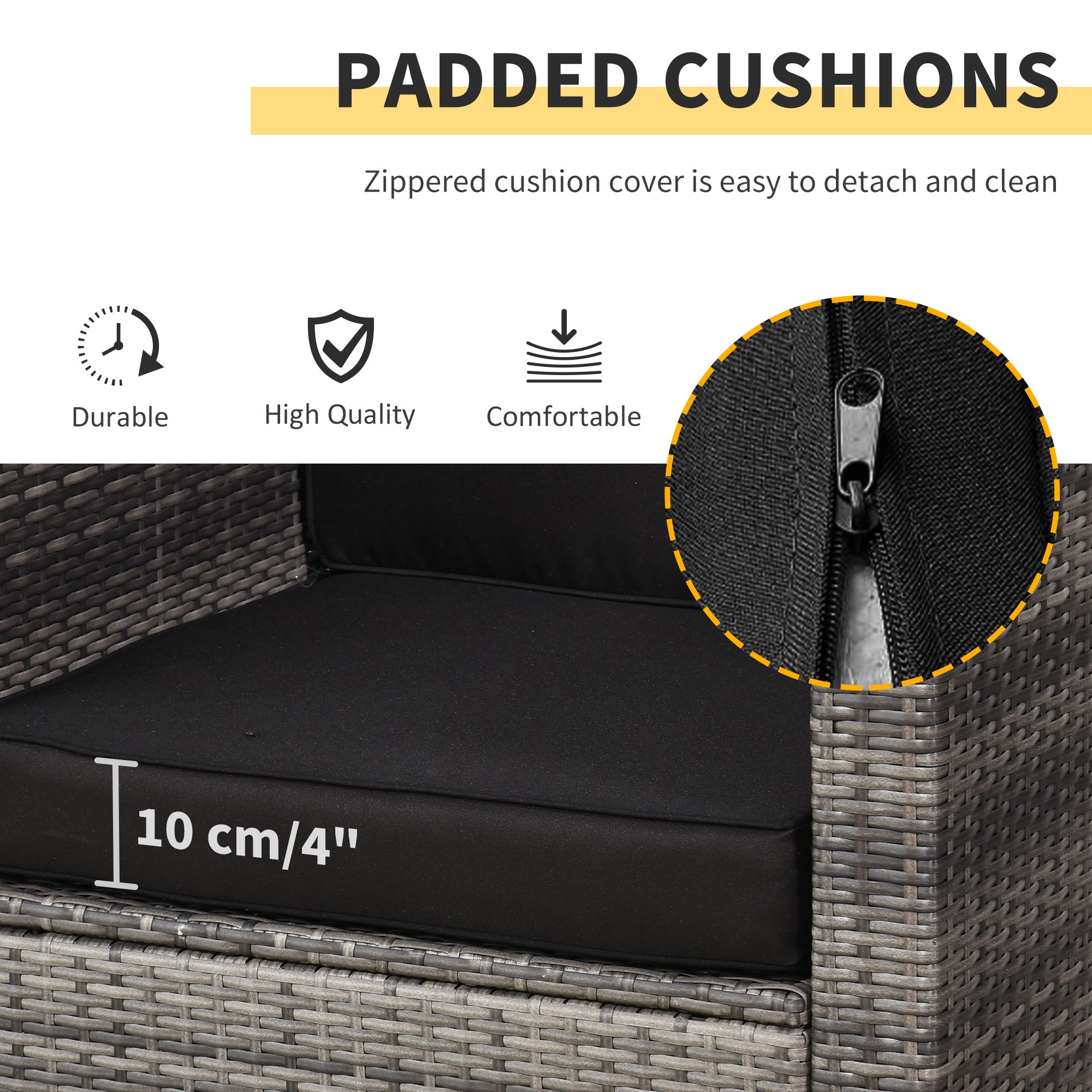 Kozy 3 Pieces Rattan Bistro Set, Wicker Garden Furniture Set with Glass Top Coffee Table and Chairs, Thickened Washable Cushions for Outdoor, Patio, Balcony, Grey