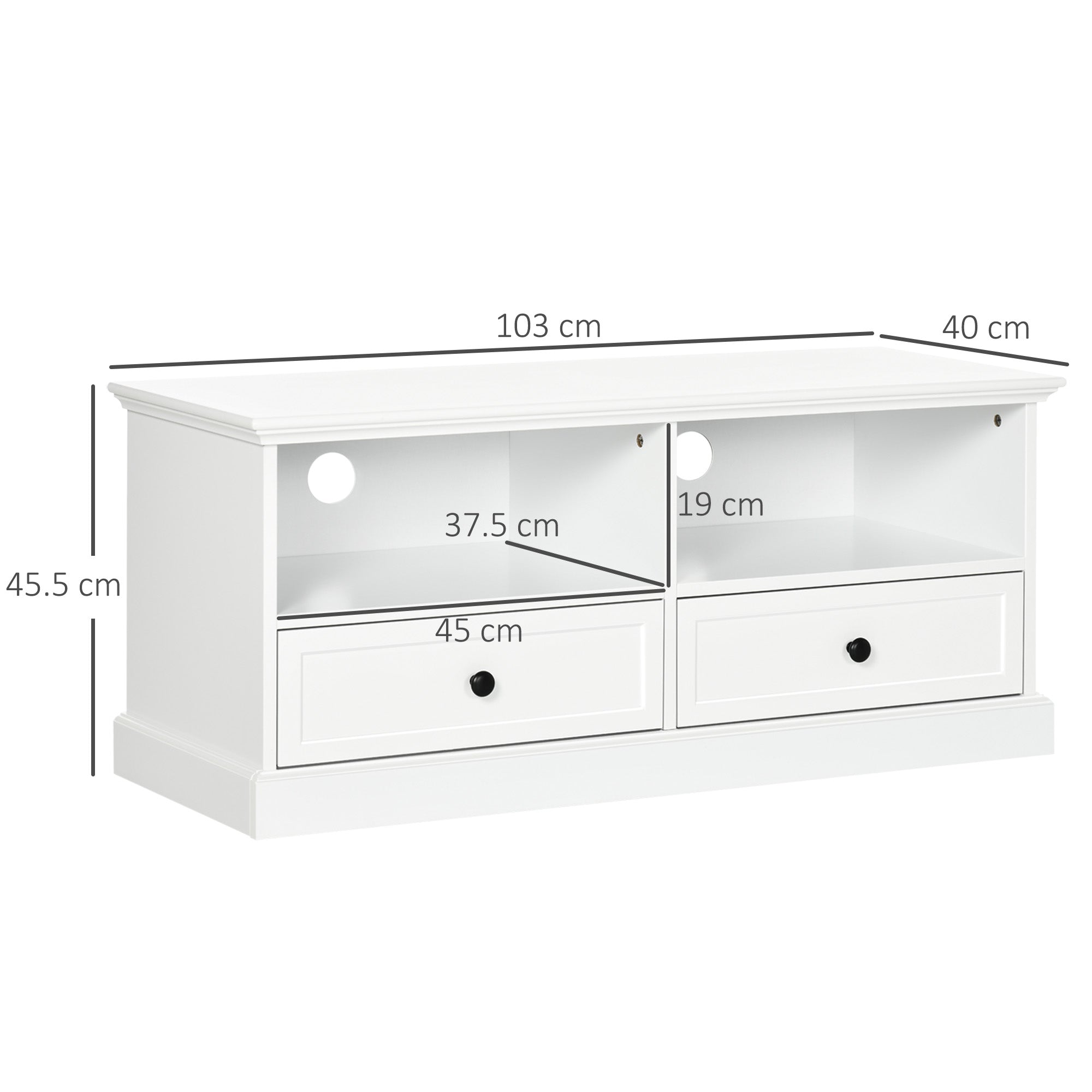 Kozy Modern TV Unit Cabinet for TVs up to 45 Inches, TV Stand with Drawers, Open Shelves, Cable Holes for Living Room, White