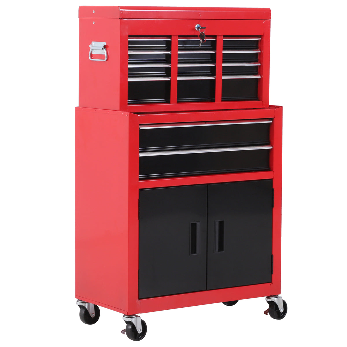 Kozy Tool Chest, Metal Tool Cabinet on Wheels with 6 Drawers, Pegboard, Top Chest and Roller Cabinet Combo, 61.6 x 33 x 108cm, Red and Black