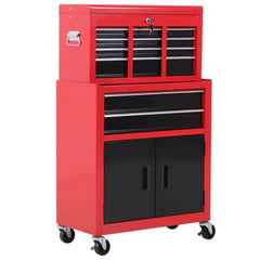 Kozy Tool Chest, Metal Tool Cabinet on Wheels with 6 Drawers, Pegboard, Top Chest and Roller Cabinet Combo, 61.6 x 33 x 108cm, Red and Black