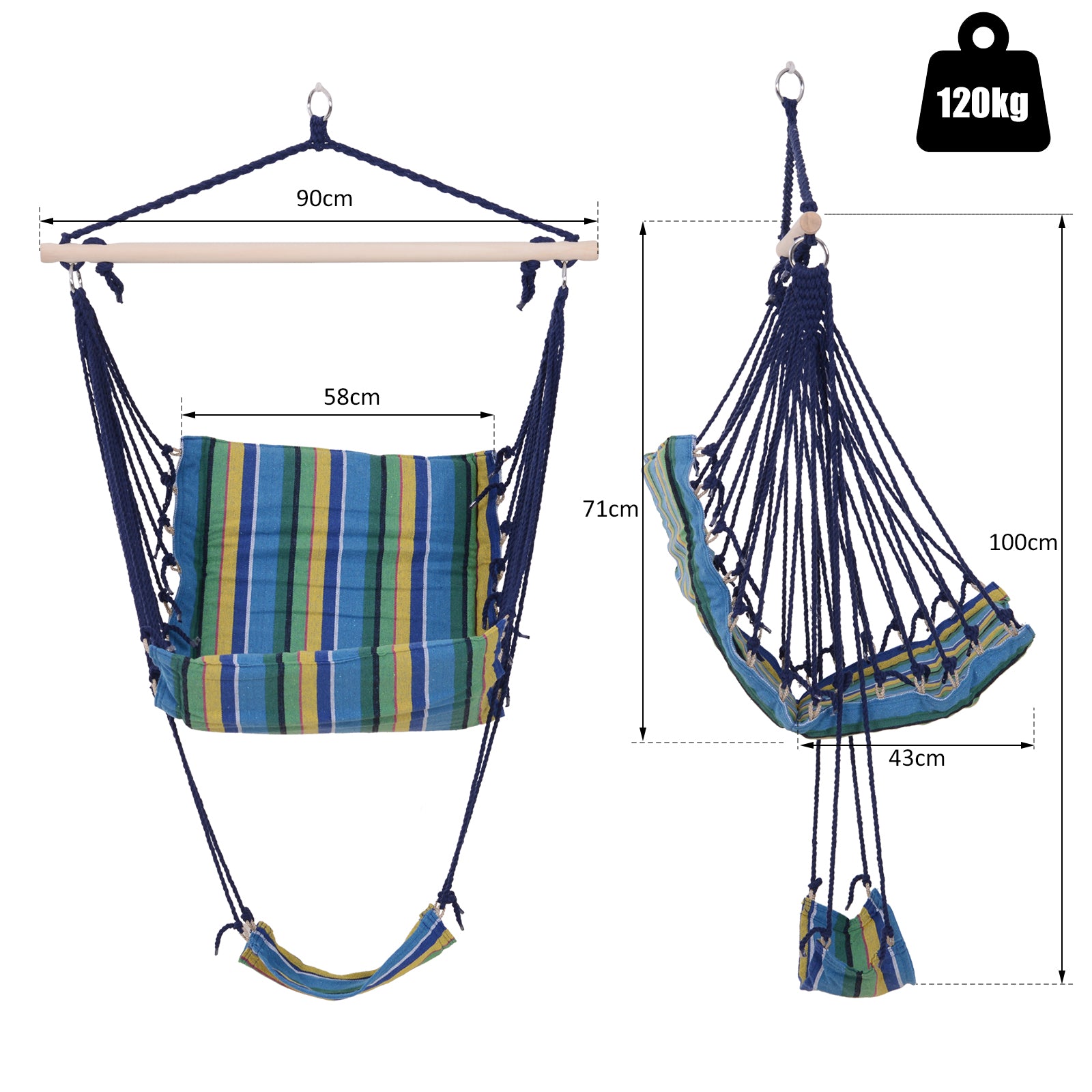 Outsunny Outdoor Hammock Hanging Rope Garden Yard Patio Swing Chair Seat Woodenwith Footrest Cotton Cloth Blue Stripe