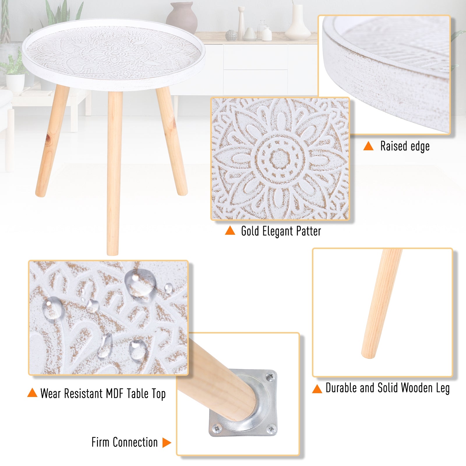 Kozy Coffee Table, Carved Floral Round Table with Tray-style Top and Wood Legs, Modern Side Table for Living Room, White