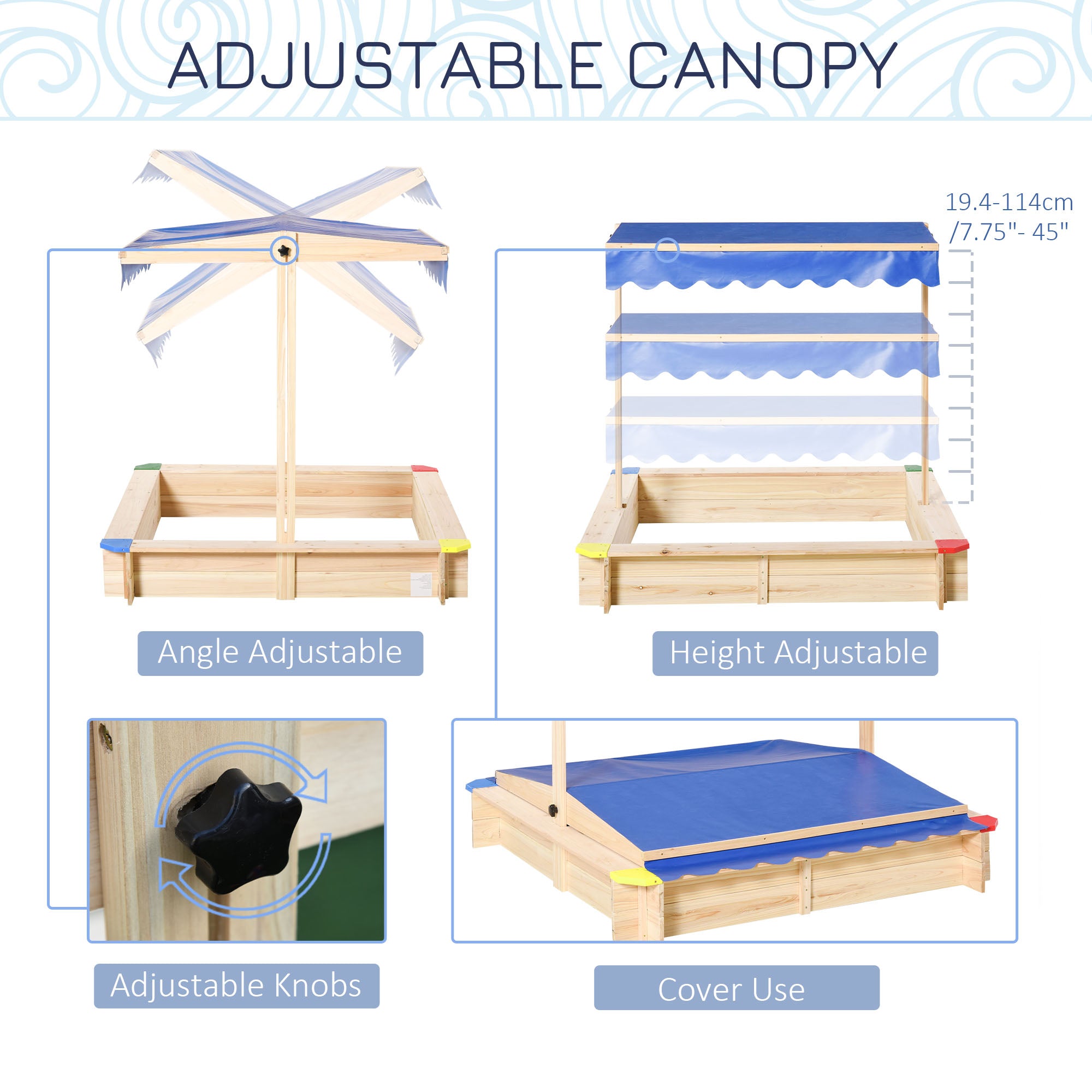 Kozy Kids Wooden Sand Pit Sandbox Children Square Outdoor Playset Adjustable Canopy Bench Seat 120x120x120cm