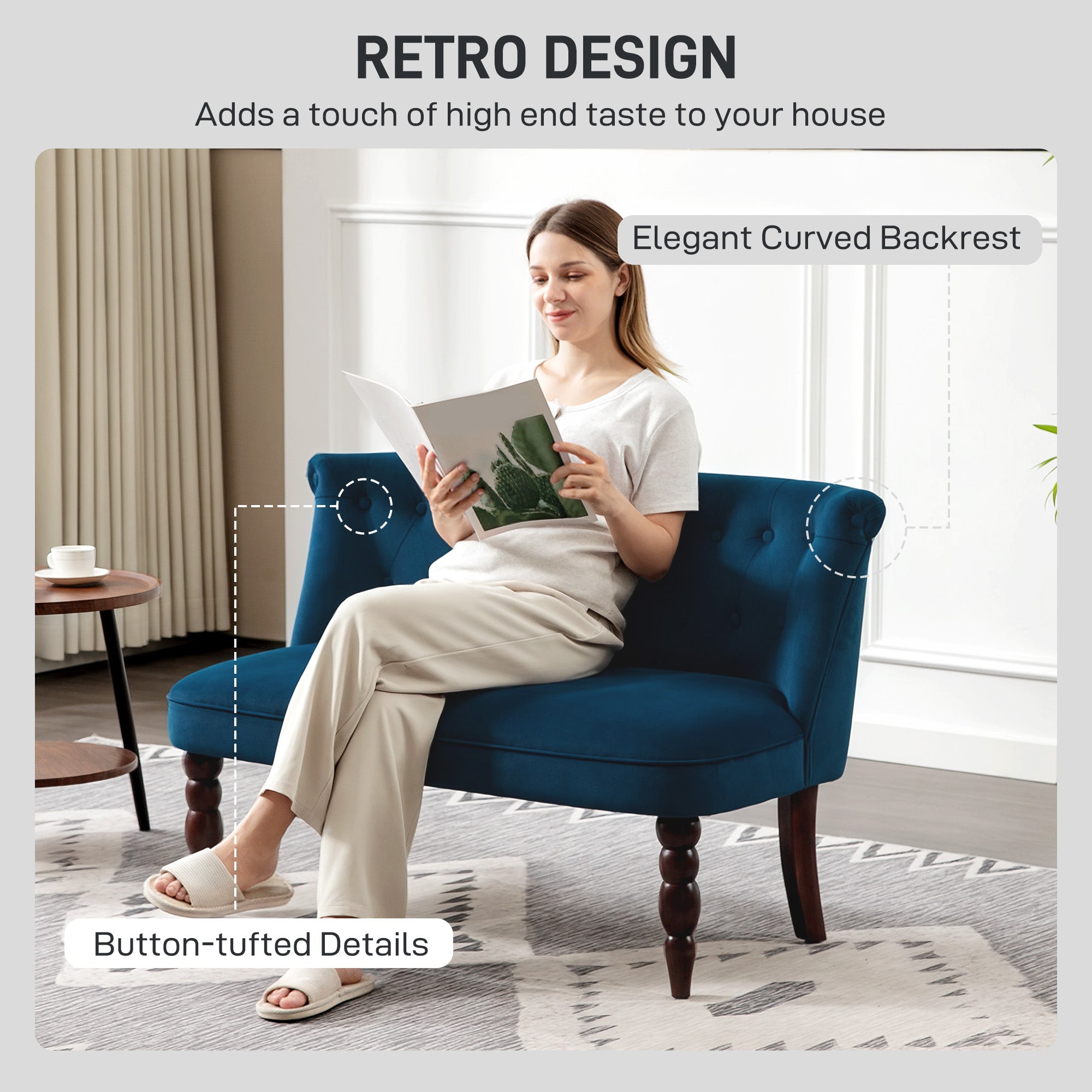 Kozy - Velvet 2 Seater Sofa, Button Tufted Wingback Loveseat with Rubber Wood Legs for Living Room, Bedroom, Dark Blue