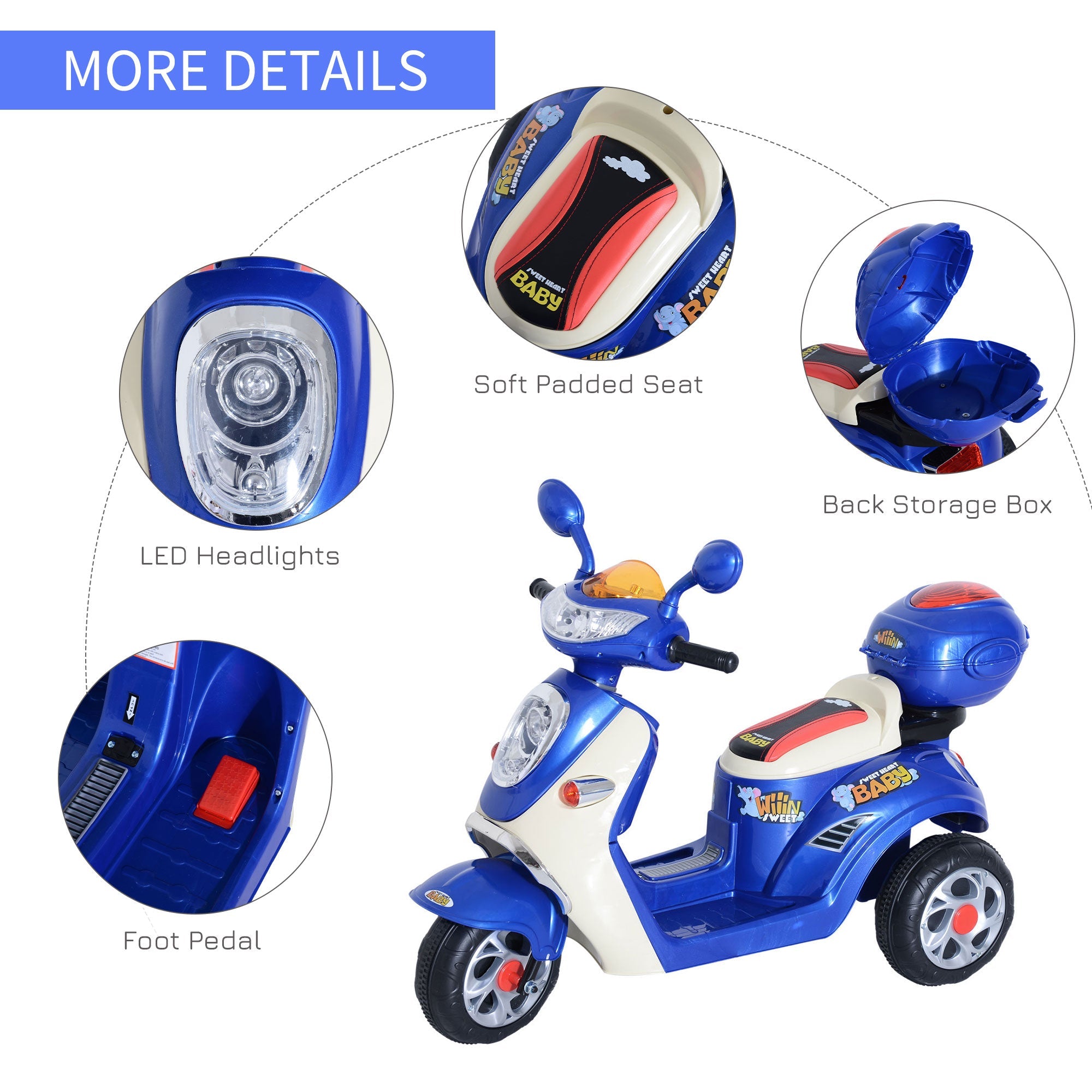 HOMCOM Electric Ride on Toy Tricycle Car-Blue
