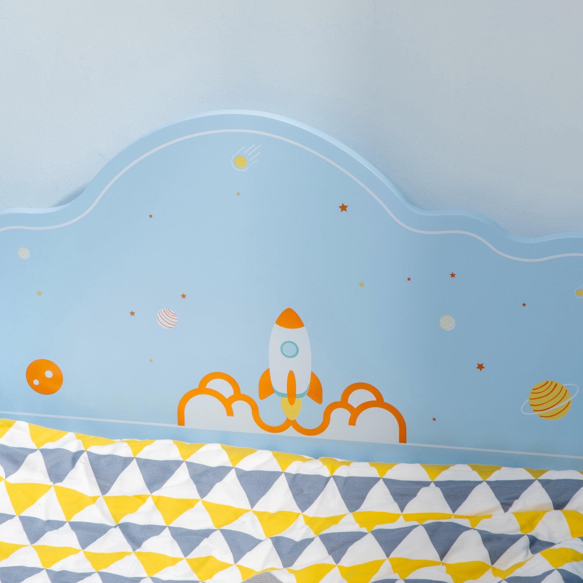 ZONEKIZ Toddler Bed with Rocket & Plants Patterns, Kids Bedroom Furniture, Safety Side Rails, Blue | Aosom UK