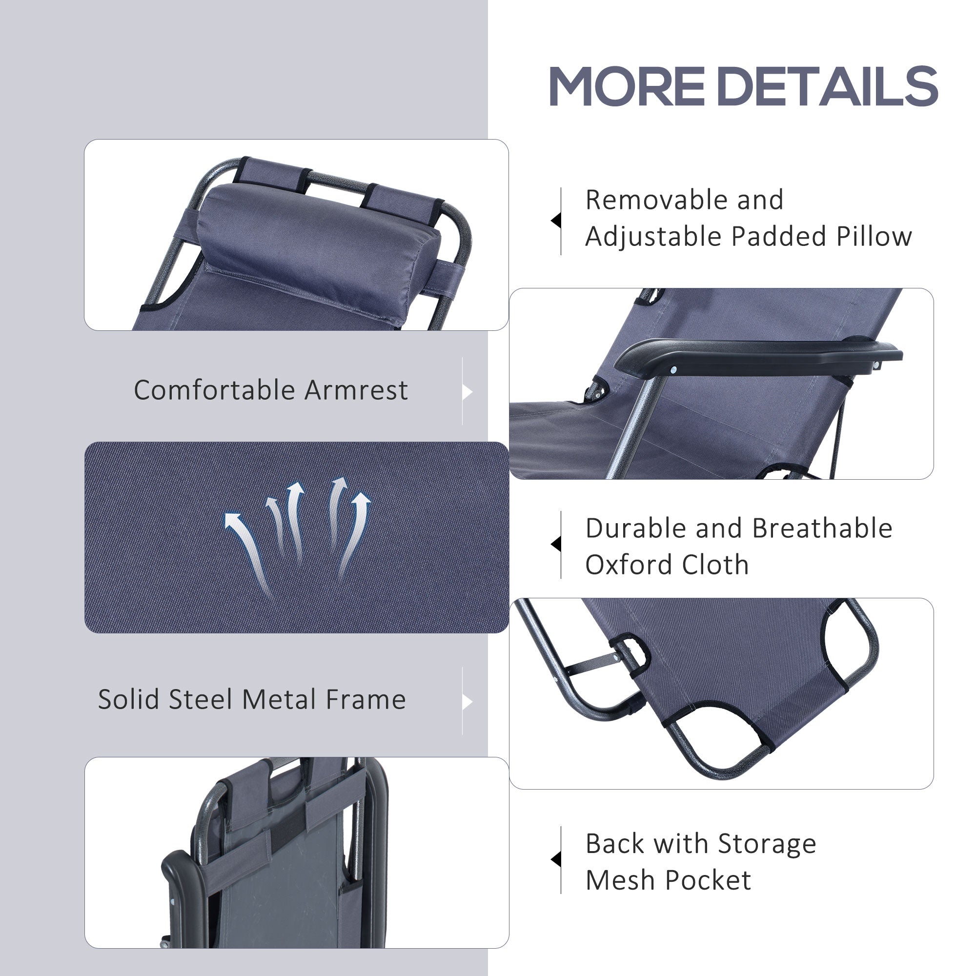 Kozy 2 in 1 Folding Sun Lounger Reclining Garden Chair with 2-Level Adjustable Backrest, Outdoor Zero Gravity Recliner Garden Chair with Head Pillow and Armrests, Grey