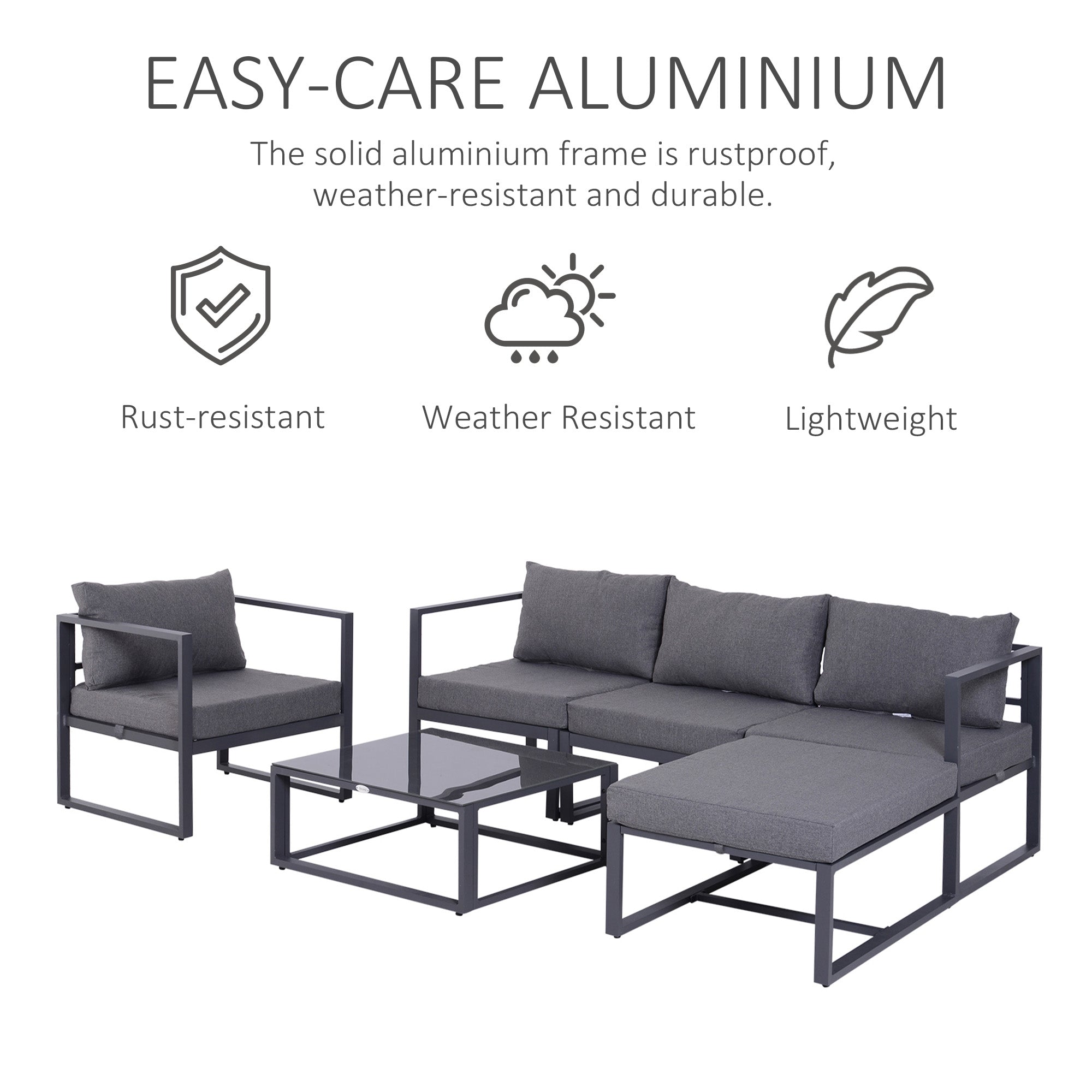 Outsunny 6 PCs Outdoor Indoor Sectional Sofa Set Thick Padded Cushions Aluminium Frame 5 Seaters 1 Coffee Table Footrest Grey