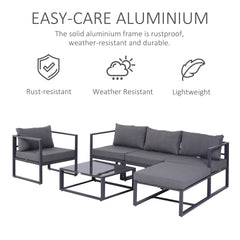 Outsunny 6 PCs Outdoor Indoor Sectional Sofa Set Thick Padded Cushions Aluminium Frame 5 Seaters 1 Coffee Table Footrest Grey