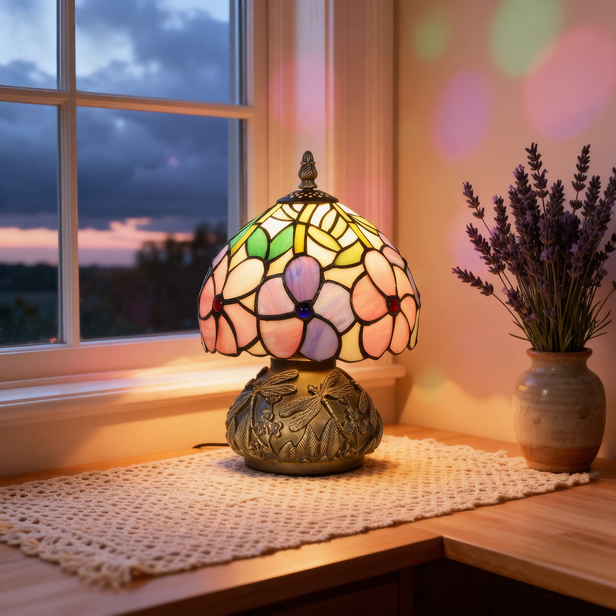 Kozy Tiffany-Style Table Lamp with Sculpted Dragonfly Base, Handcrafted Antique Stained Glass Bedside Lamp for Living Room and Bedroom, E27 Socket, Pink