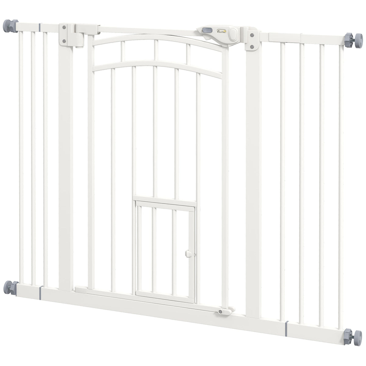PawHut Stair Dog Gate with Cat Door, Pressure Fit, Auto Close, Double Lock, 74-100cm Openings, White | Aosom UK