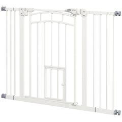 PawHut Stair Dog Gate with Cat Door, Pressure Fit, Auto Close, Double Lock, 74-100cm Openings, White | Aosom UK