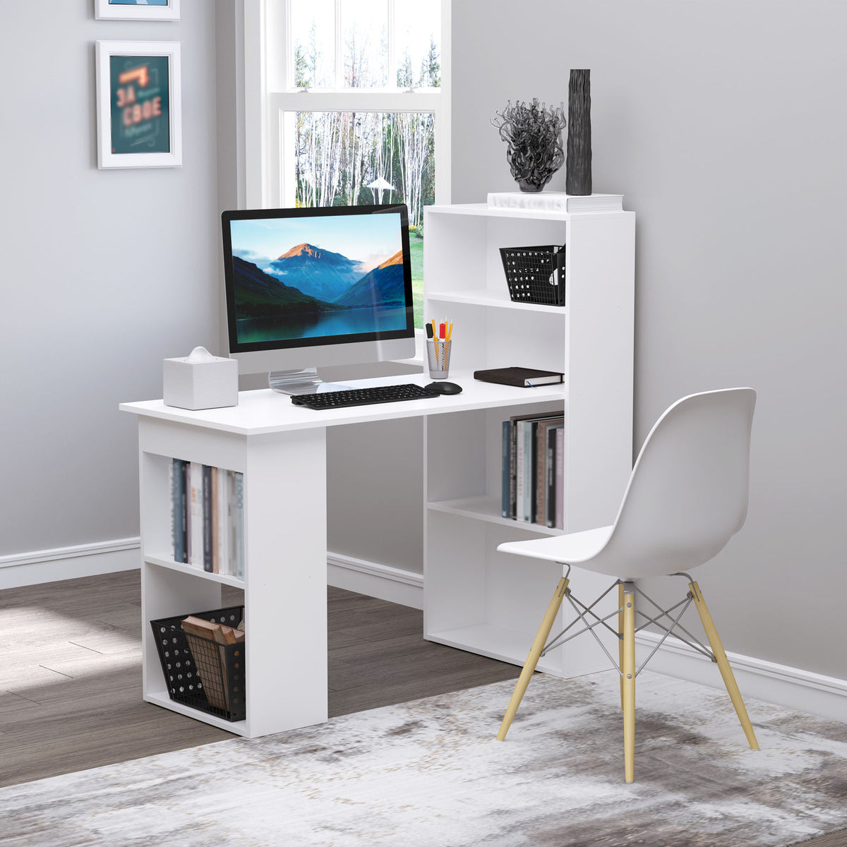 HOMCOM 120cm Modern Computer Desk Bookshelf  Writing Table Workstation PC Laptop Study Home Office 6 Shelves White