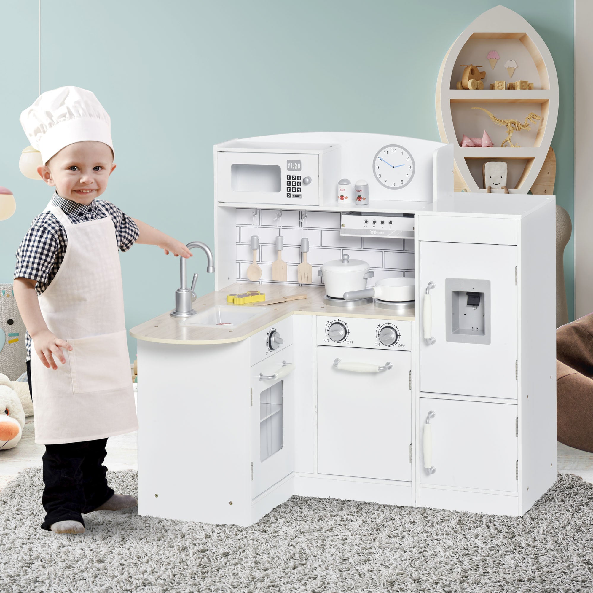 Kozy Kids Play Kitchen Wooden Toy Kitchen Cooking Set for Children with Drinking Fountain, Microwave, and Fridge White