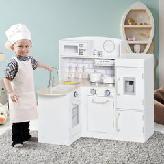 Kozy Kids Play Kitchen Wooden Toy Kitchen Cooking Set for Children with Drinking Fountain, Microwave, and Fridge White