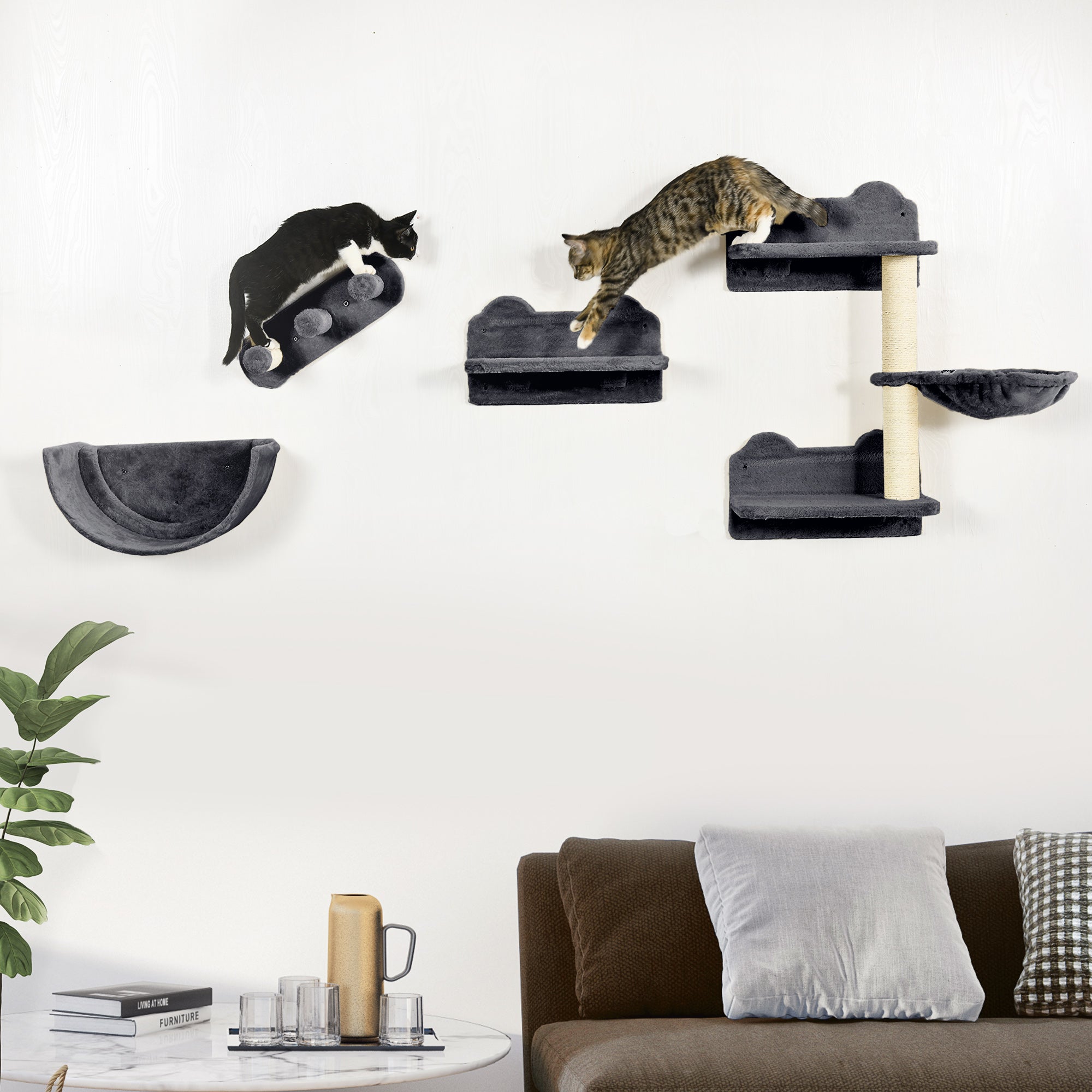 PawHut 4PCs Wall-Mounted Cat Shelves w/ Scratching Post, Hammock, Nest - Dark Grey | Aosom UK