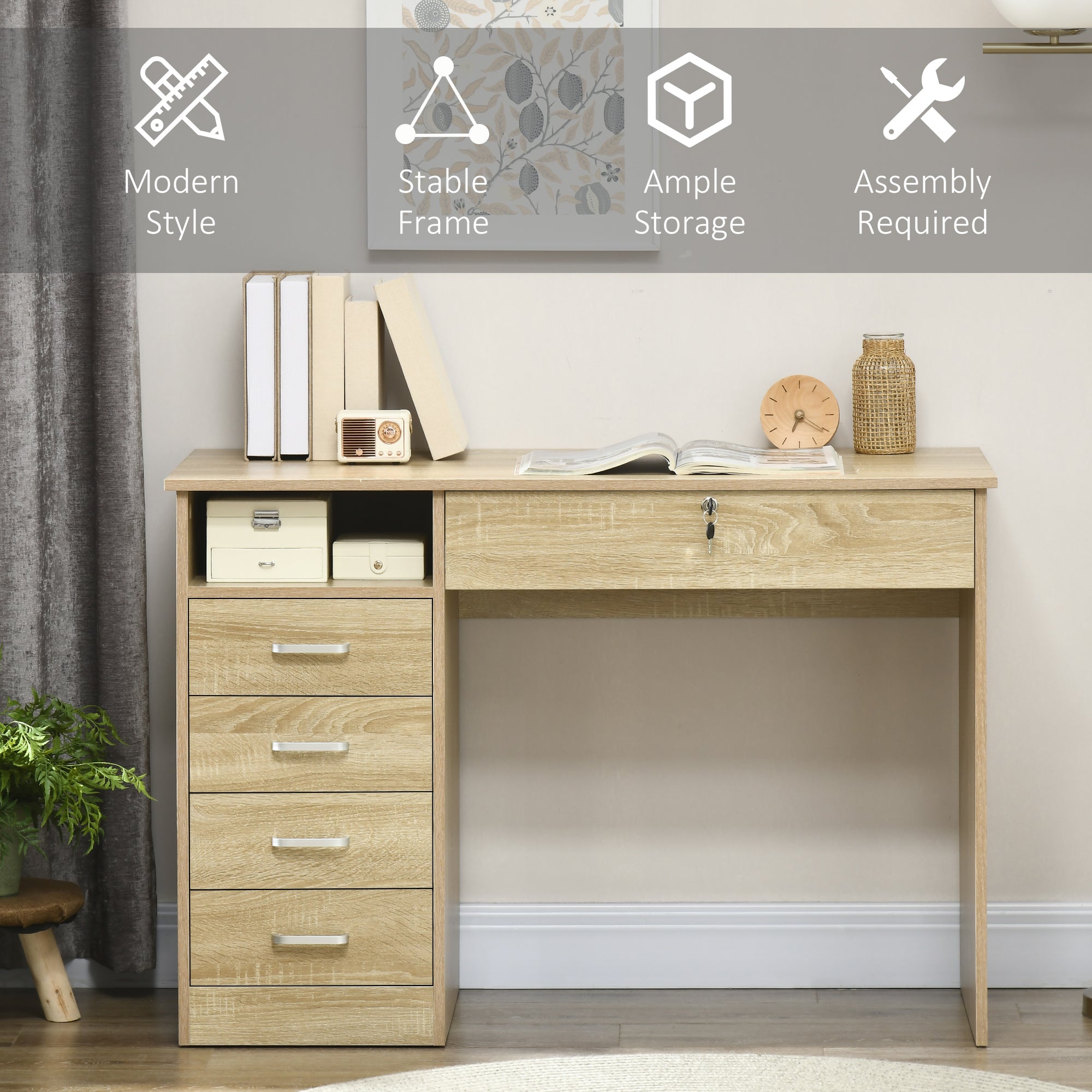 Kozy Computer Desk, Home Office Desk with Lockable Drawer, Storage Shelf for Study Bedroom, 110 x 50 x 76 cm, Oak