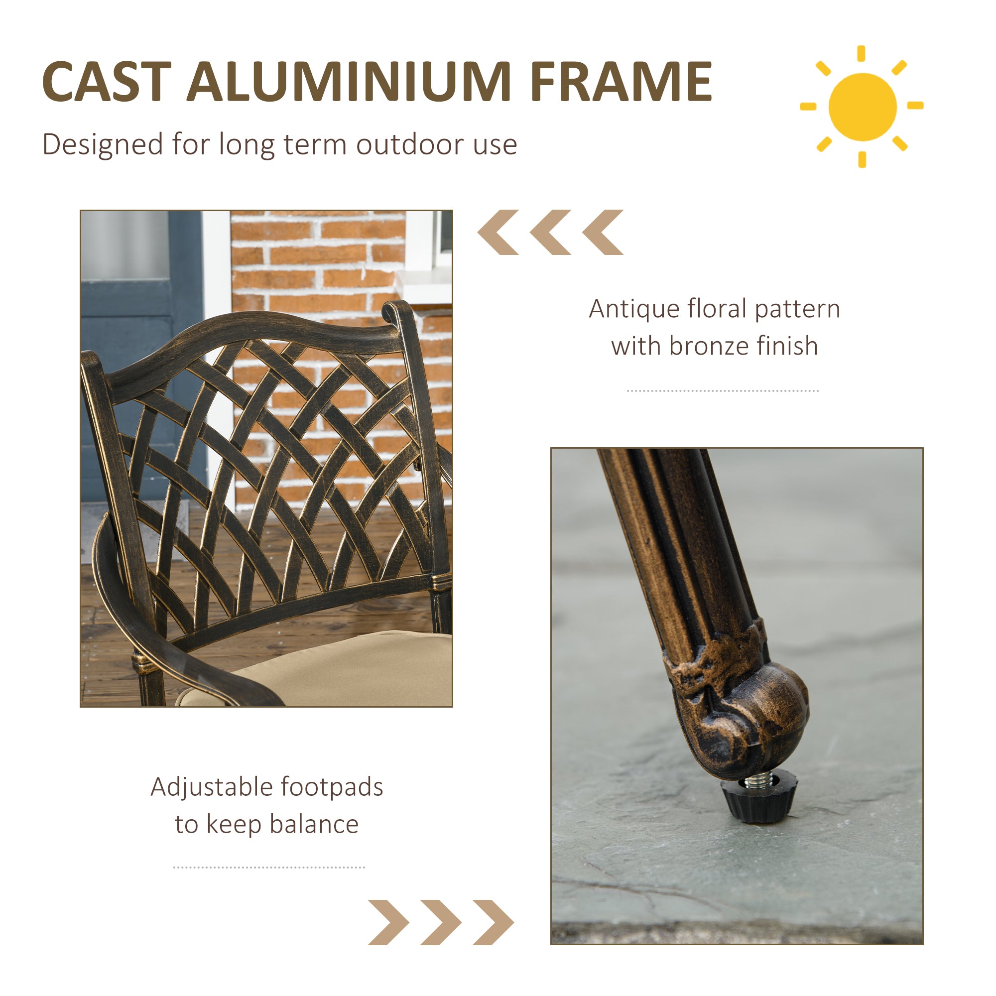 Kozy 4 Seater Outdoor Dining Set Antique Cast Aluminium Garden Furniture Set with Cushions Round Dining Table with Parasol Hole, Bronze