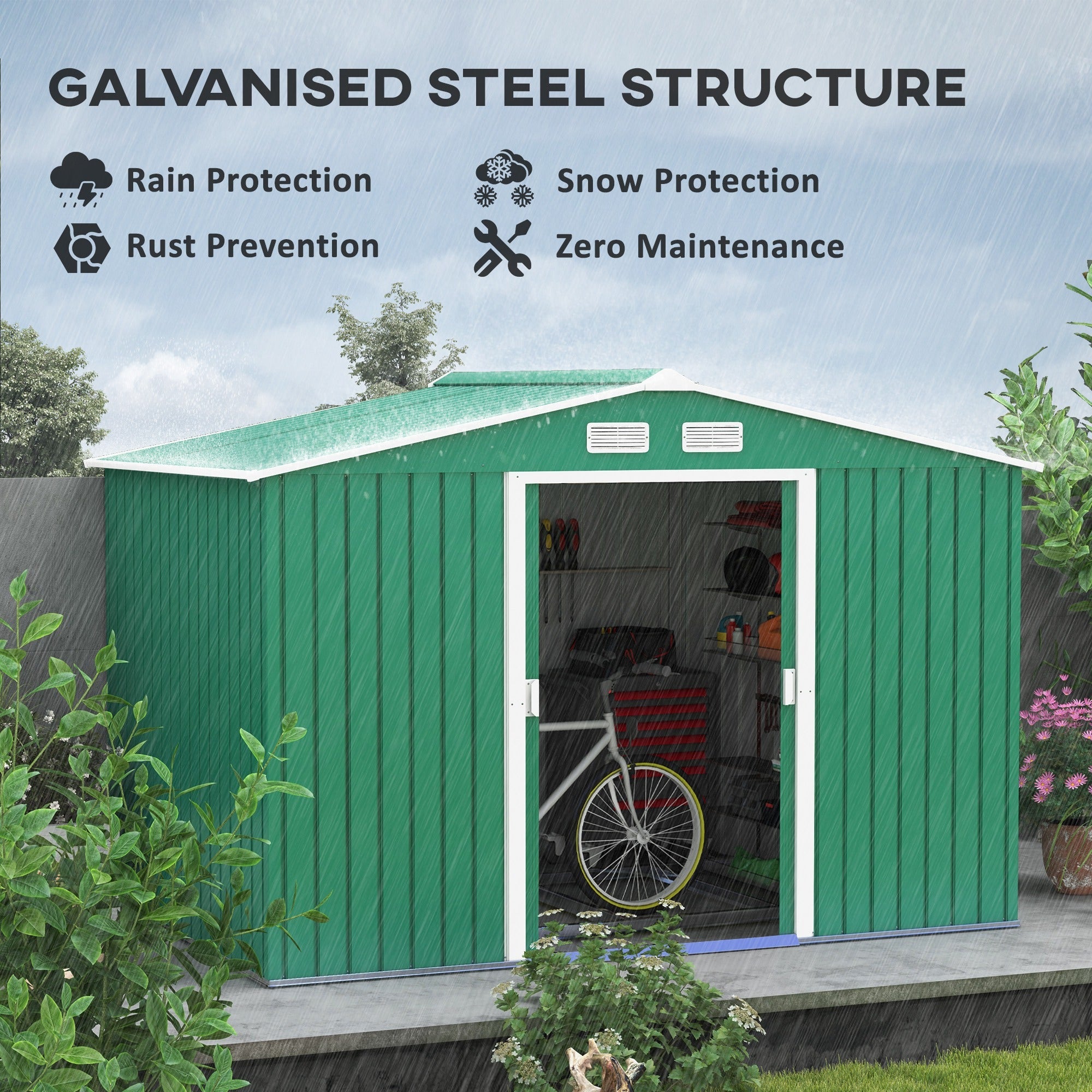 Outsunny Lockable Garden Shed Large Patio Tool Metal Storage Building Foundation Sheds Box Outdoor Furniture (9 x 6 FT, Green) | Aosom UK