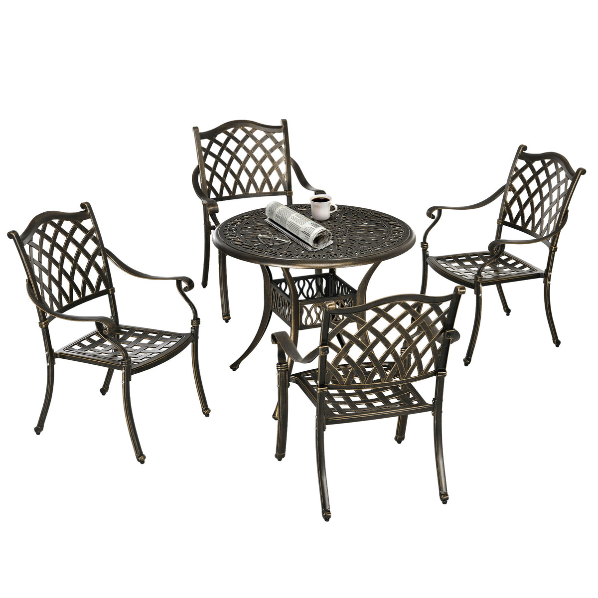 Kozy 5-Piece Outdoor Furniture Dining Set, Cast Aluminum Conversation Set Includes 4 Chairs and 90cm Round Table with 50mm Umbrella Hole for Patio Garden Deck, Flower Design