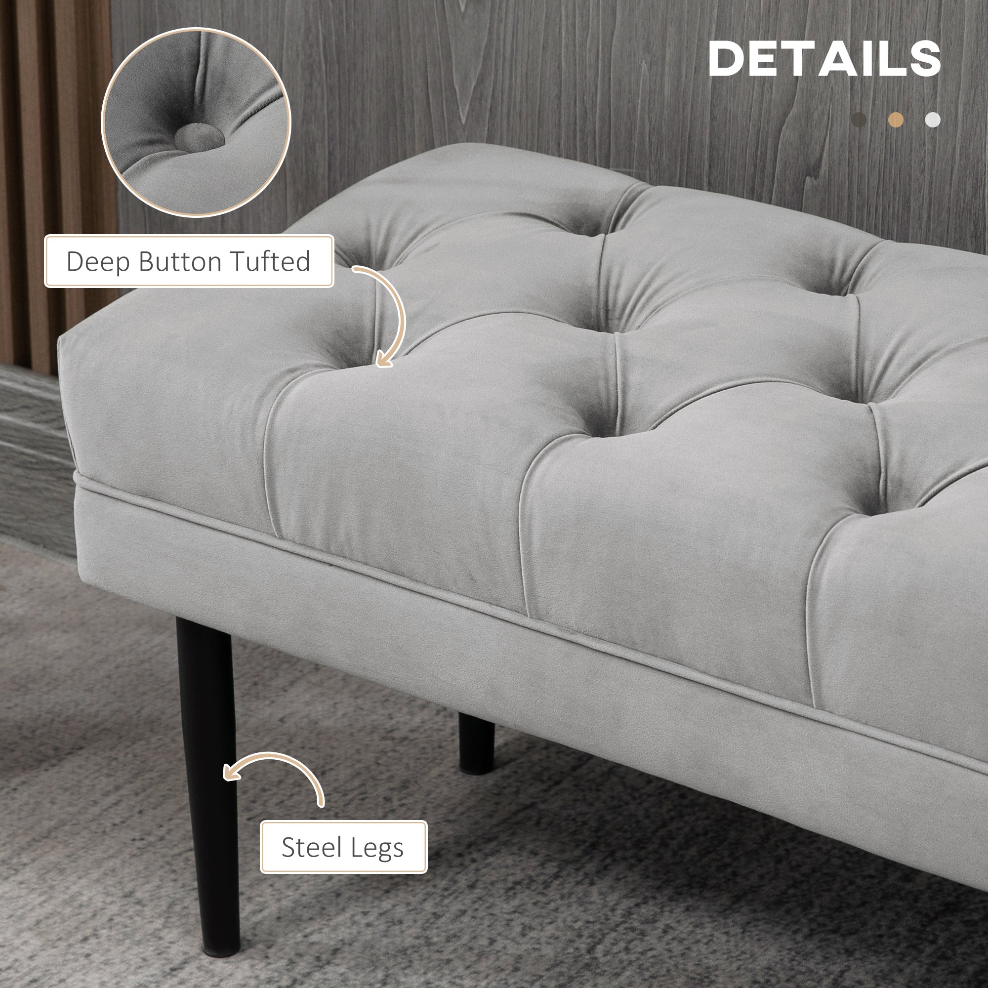Kozy Velvet Bed End Bench, Button Tufted Window Seat, Hallway Shoe Bench, Upholstered Accent Lounge Chair Stool for Living Room, Bedroom, Grey
