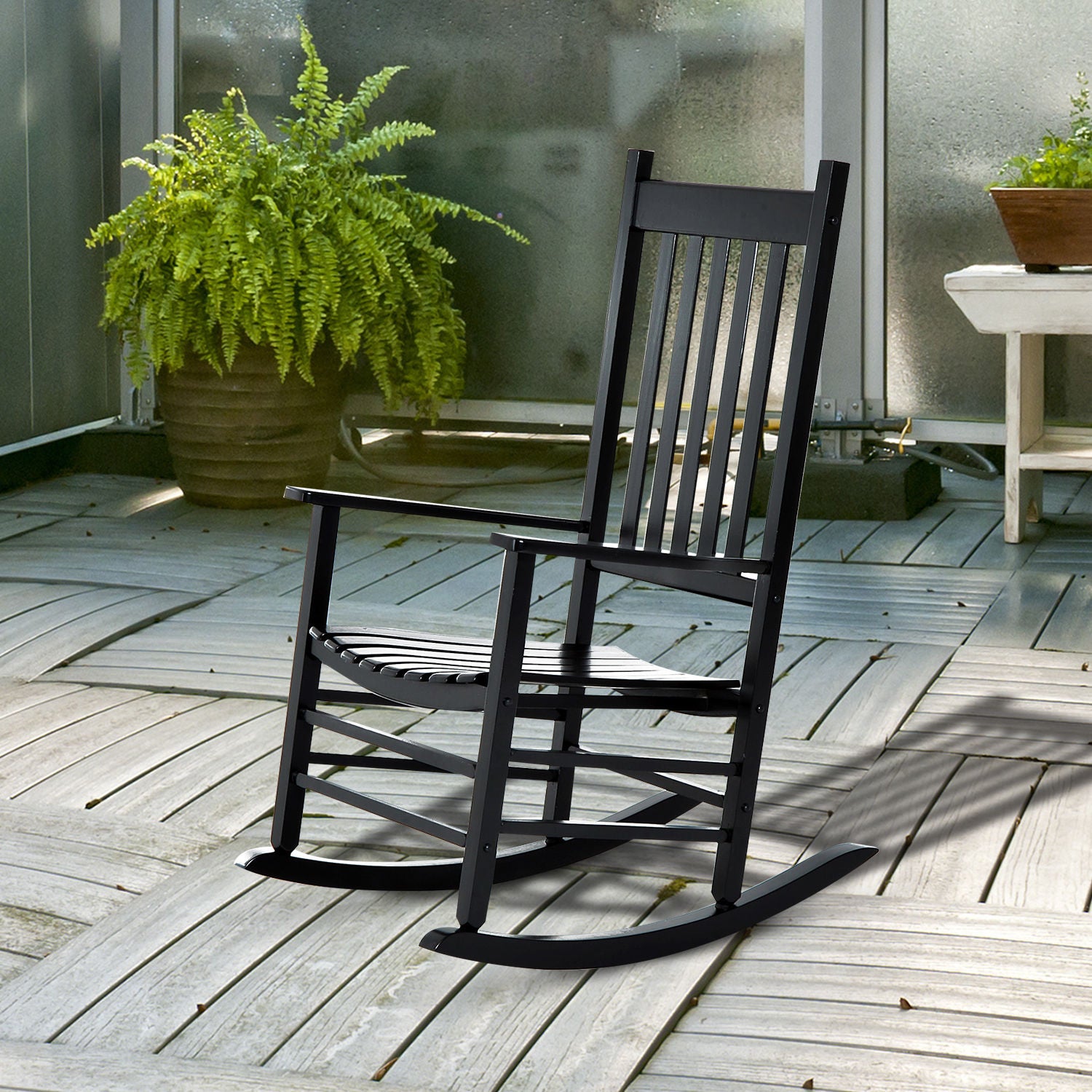 Outsunny Wooden Rocking Chair, Patio Rocker Armchair for Balcony, Deck, Outdoor Porch Garden Seat, Black