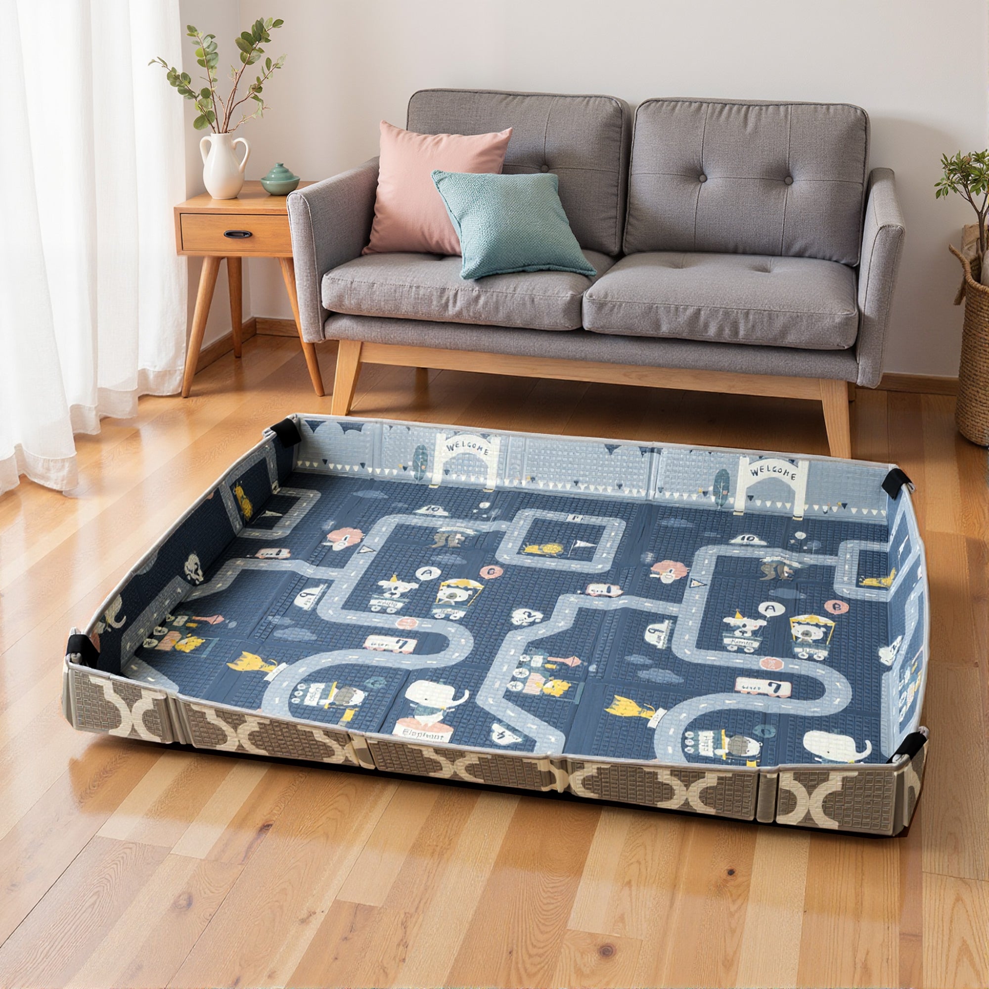 Kozy Foldable Baby Play Mat, Baby Playpen, Reversible Foam Playmat, Floor Mats for Toddlers, Traffic and Grey Diamond Theme