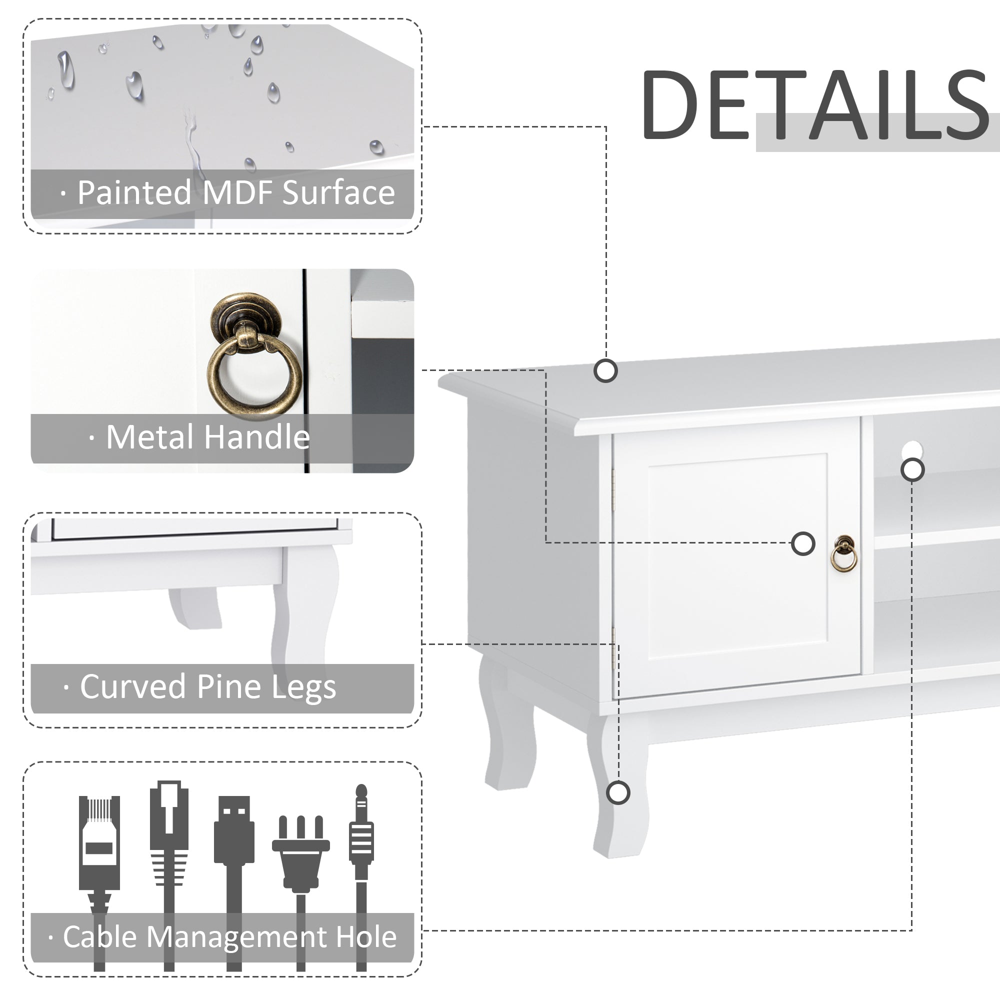 Kozy TV Unit up to 55", 2 Doors TV Cabinet with Open Storage Shelves and Cable Management for Living Room, Bedroom, Entertainment Room, 120L x 45W x 50.5H, White