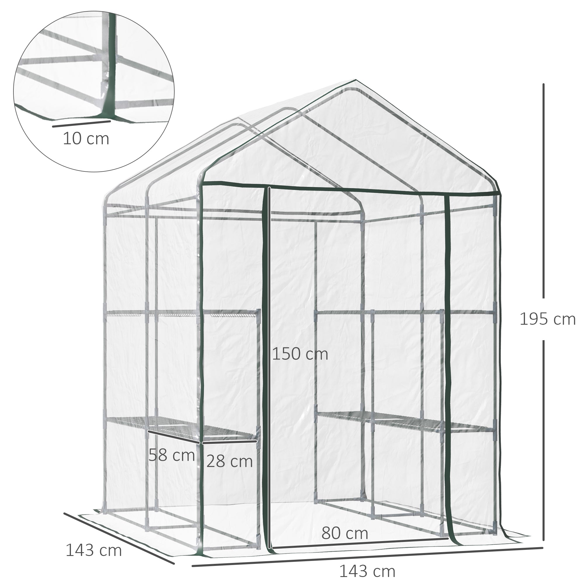 Kozy Walk in Greenhouse with 3-Tier 8 Shelves, Green House with Hemmed Cover, Roll-up Zipped Door, Steel Frame, 143 x 143 x 195cm
