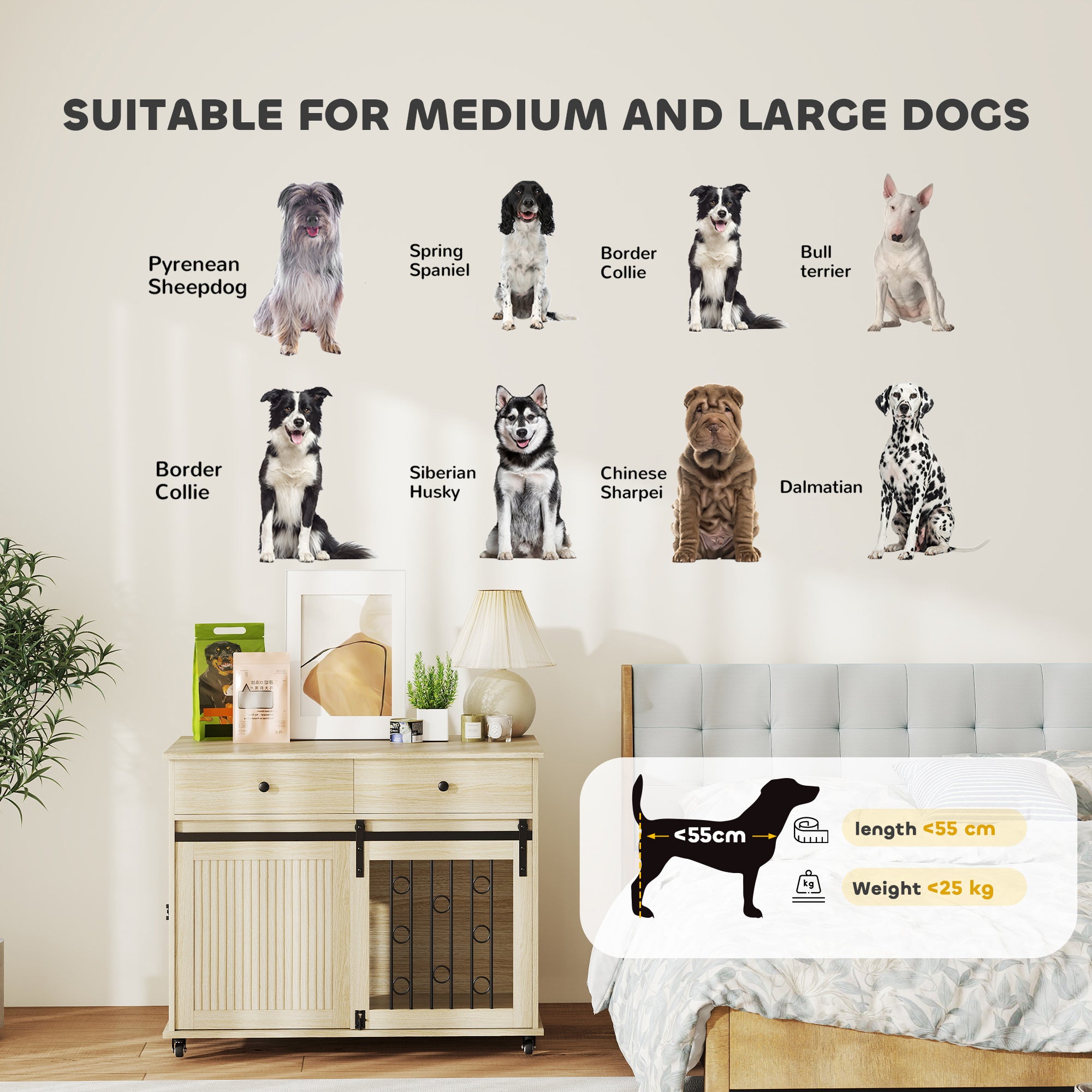 Kozy Dog Crate Furniture on Wheels, Dog Cage with 2 Drawers, Sliding Door, for Medium Large Dogs, Oak Tone