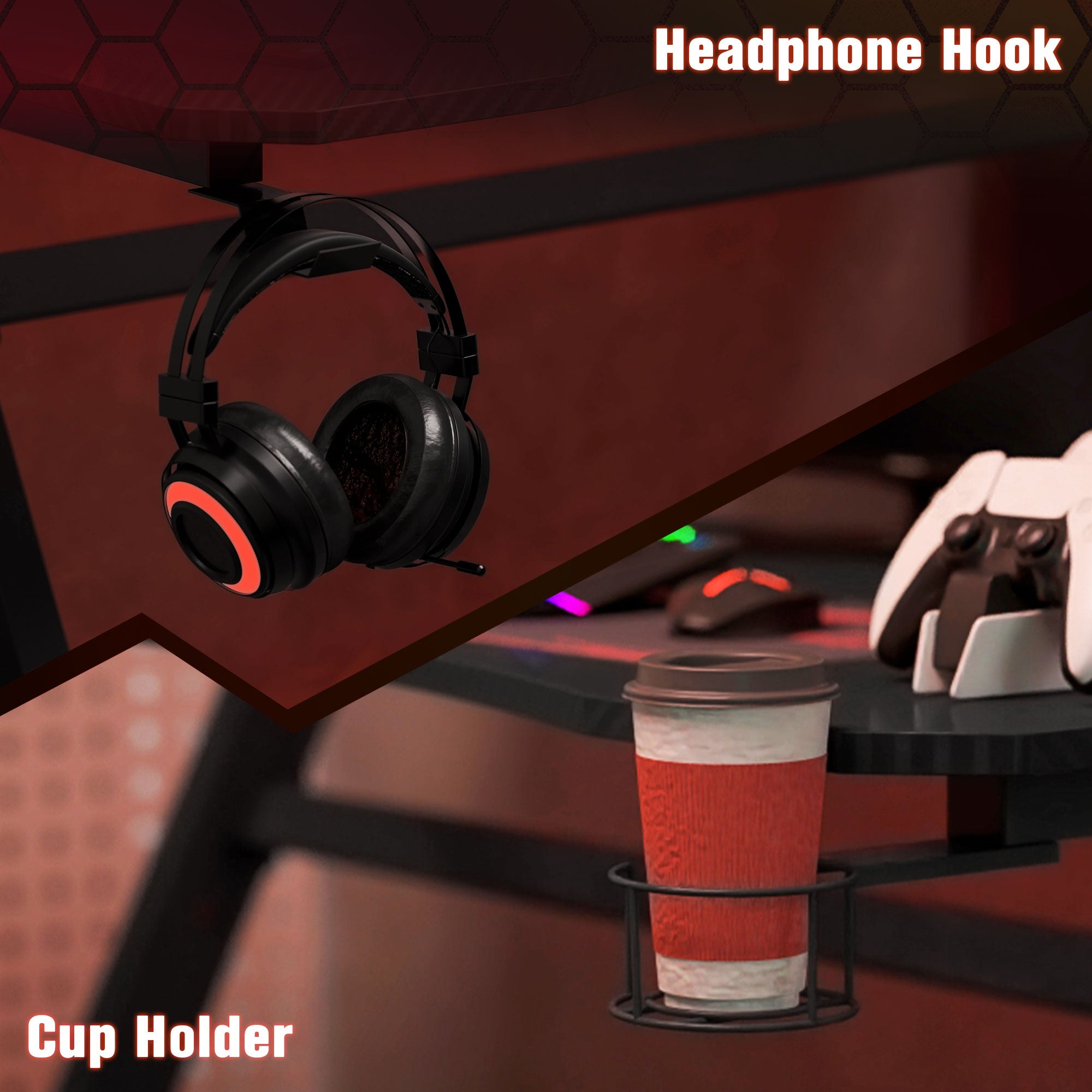 Kozy Gaming Desk 120 x 65 cm Steel Frame with Cup Holder, Headphone Hook, Adjustable Feet and Cable Organiser, Home Office Computer Table, Black