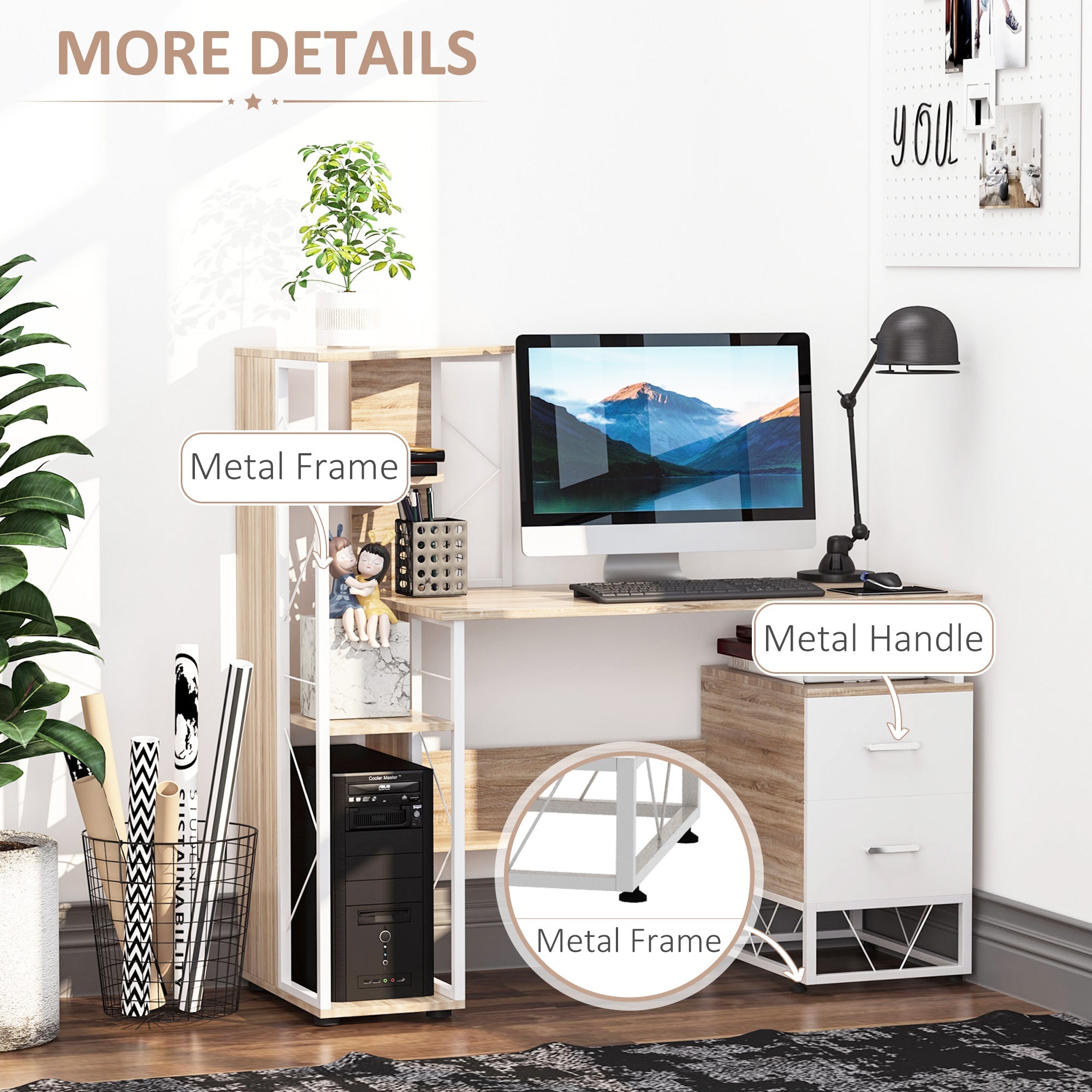 HOMCOM Office Table with Drawers & Shelves, Desk with Shelves, PC Workstation for Home Office, Study Furniture, Wooden | Aosom UK