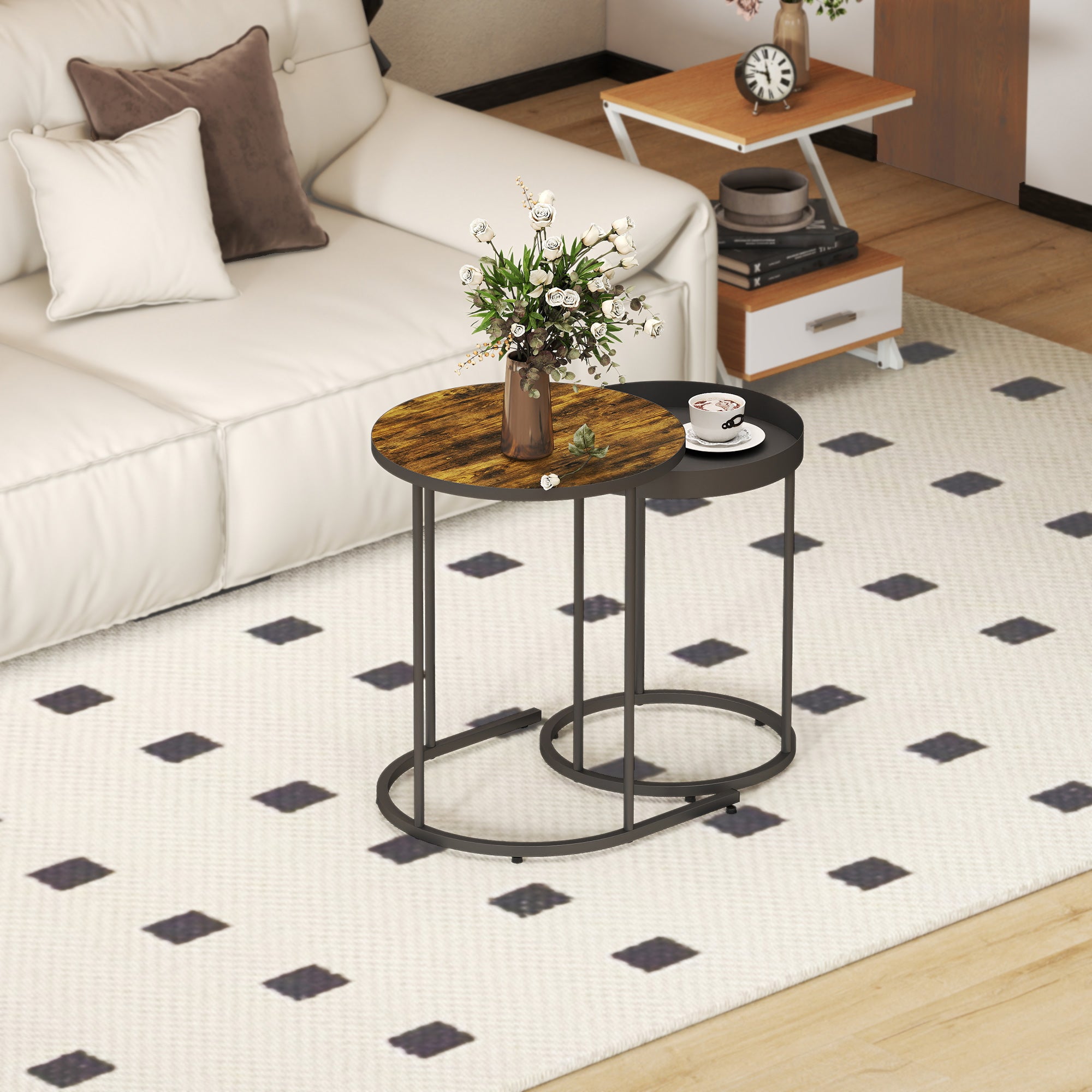 Kozy Round Nesting Side Table Set of 2 - Rustic Brown