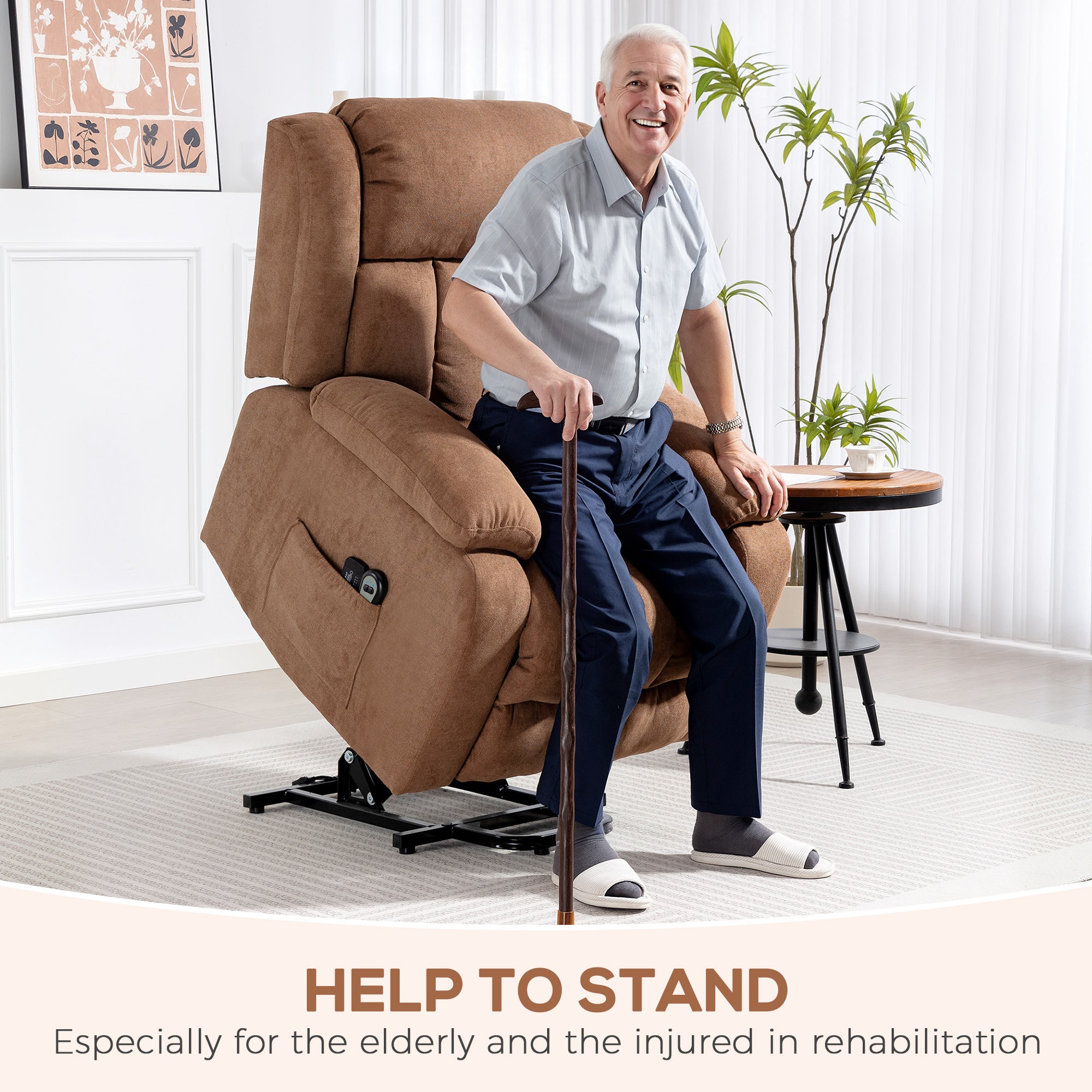 Kozy Power Lift Recliner Chair with Massage, Overstuffed Lift Chair for Elderly with Footrest, Remote and Side Pocket, Brown