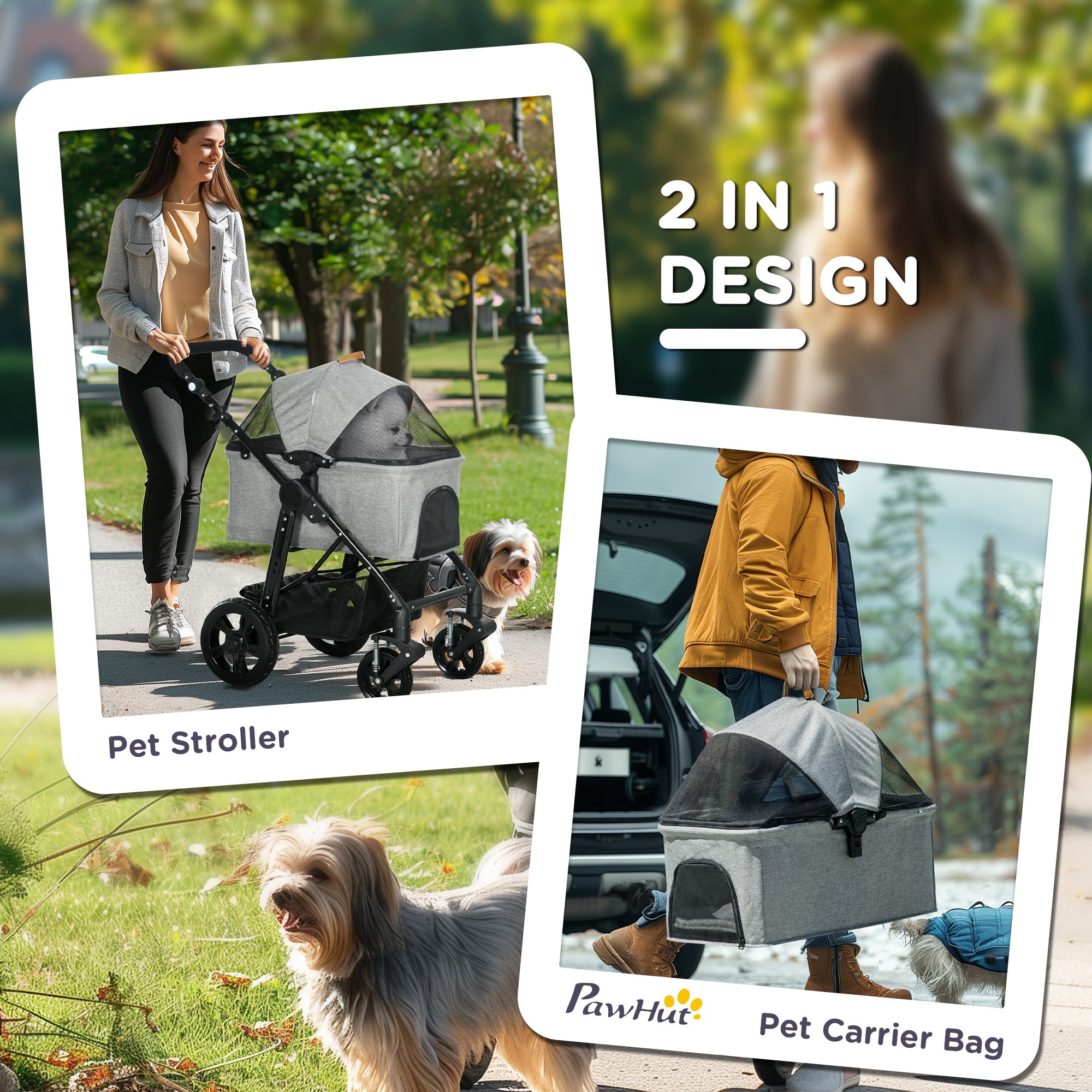 Kozy Dog Pram Pet Stroller for Small Dogs Cats, Foldable Dog Pushchair Trolley with Detachable Pet Carrier Bag, Shock Absorber, Adjustable Handlebar, Grey
