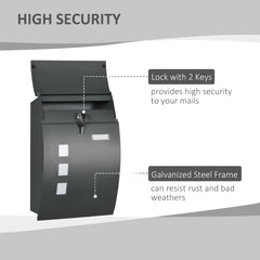 HOMCOM Wall Mounted Letter Box, Weatherproof Post Box for Outside Wall, Modern Mailbox with 2 Keys, Viewing Windows and Nameplate, Anthracite Grey
