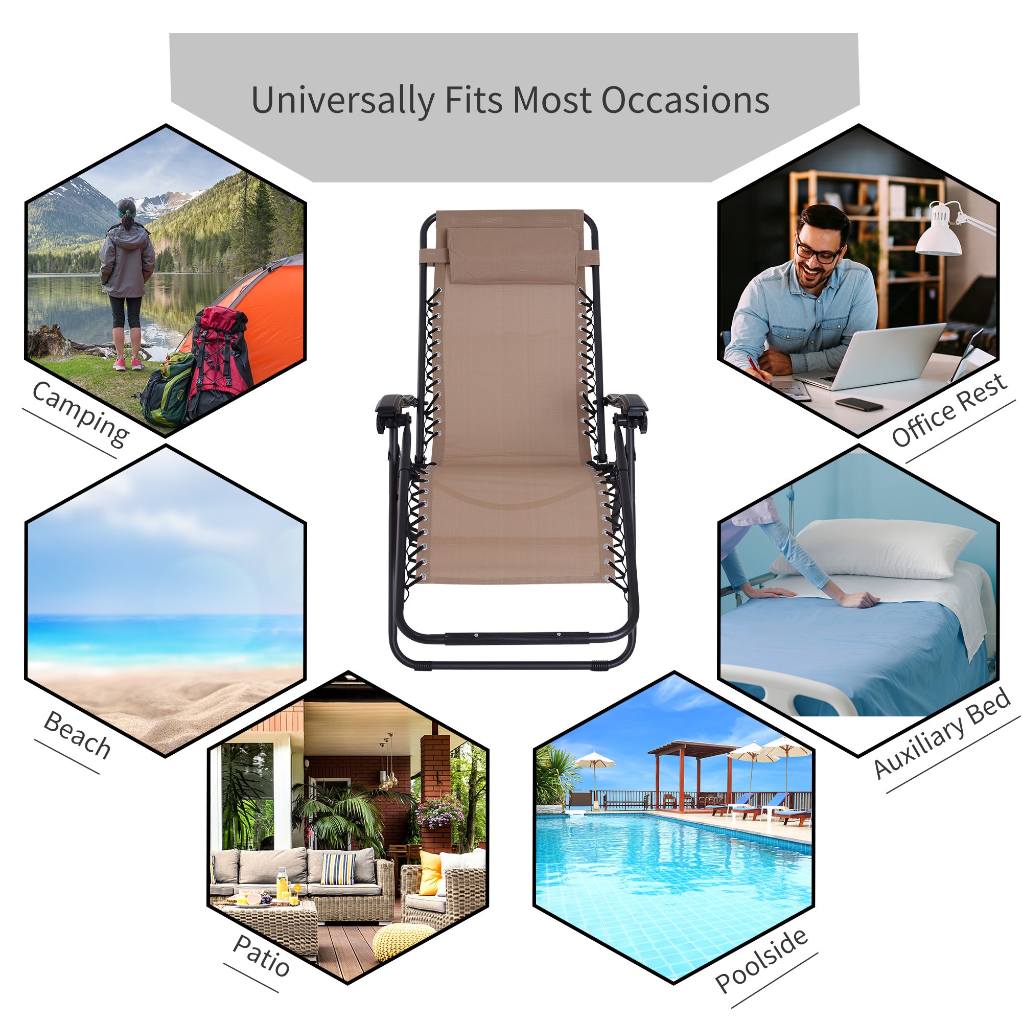 Kozy - Zero Gravity Chair Set of 2, Metal Frame Texteline Armchair Outdoor Folding and Reclining Sun Lounger with Head Pillow for Patio Decking Gardens Camping, Beige