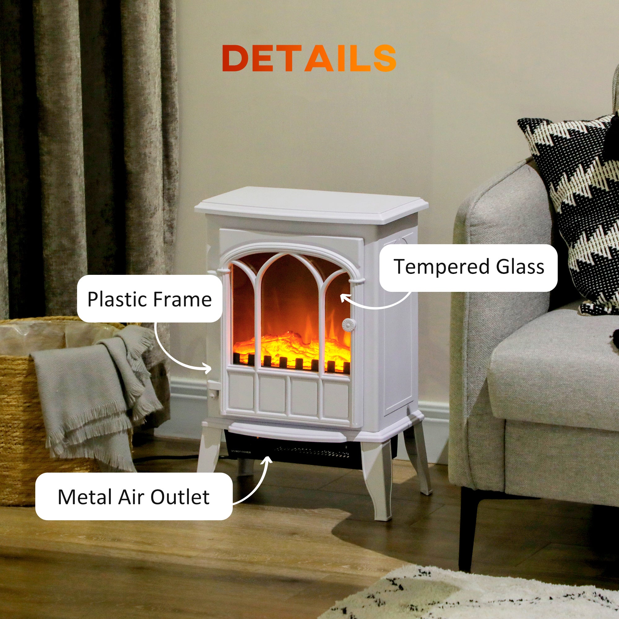 Kozy - Freestanding Electric Fireplace, Electric Log Burner with LED Flame Effect, Overheating Safety System, 1000W/2000W White