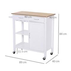 HOMCOM Kitchen Storage Trolley Cart Cupboard Rolling Wheels Shelves Cabinet Island W/ Drawers Towel Rail Wine Glass Rack Pine Wood Worktop  White