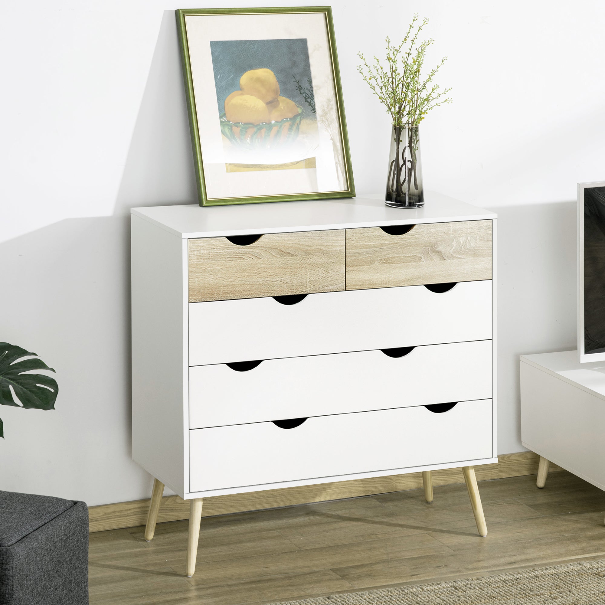 Kozy Nordic Style Chest of Drawers, 5 Drawer Dresser with 4 Tapered Legs and Groove Handles, Storage Organiser Side Cabinet for Bedroom, Living Room