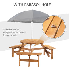 Kozy 6 Seater Wooden Picnic Table and Garden Benches Set, Round Garden Dining Set with 3 Benches and Umbrella Hole Outdoor Garden Park, Brownish Red
