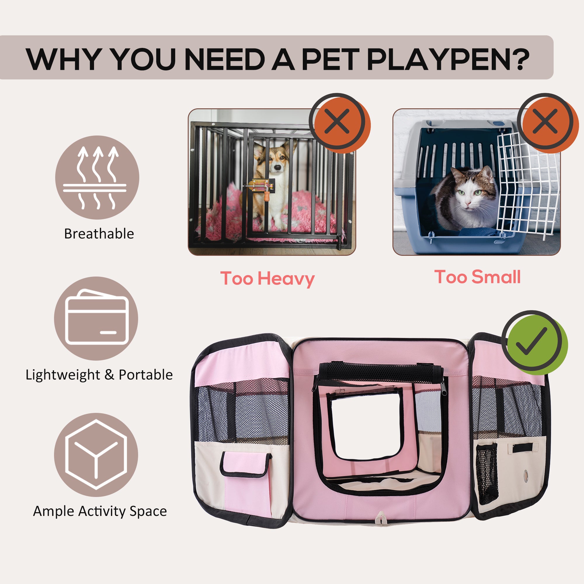Kozy Portable Cat Dog Playpen Pet Puppy Rabbit Guinea Pig Pen Run Dia 90 x 41H cm Indoor & Outdoor Pink