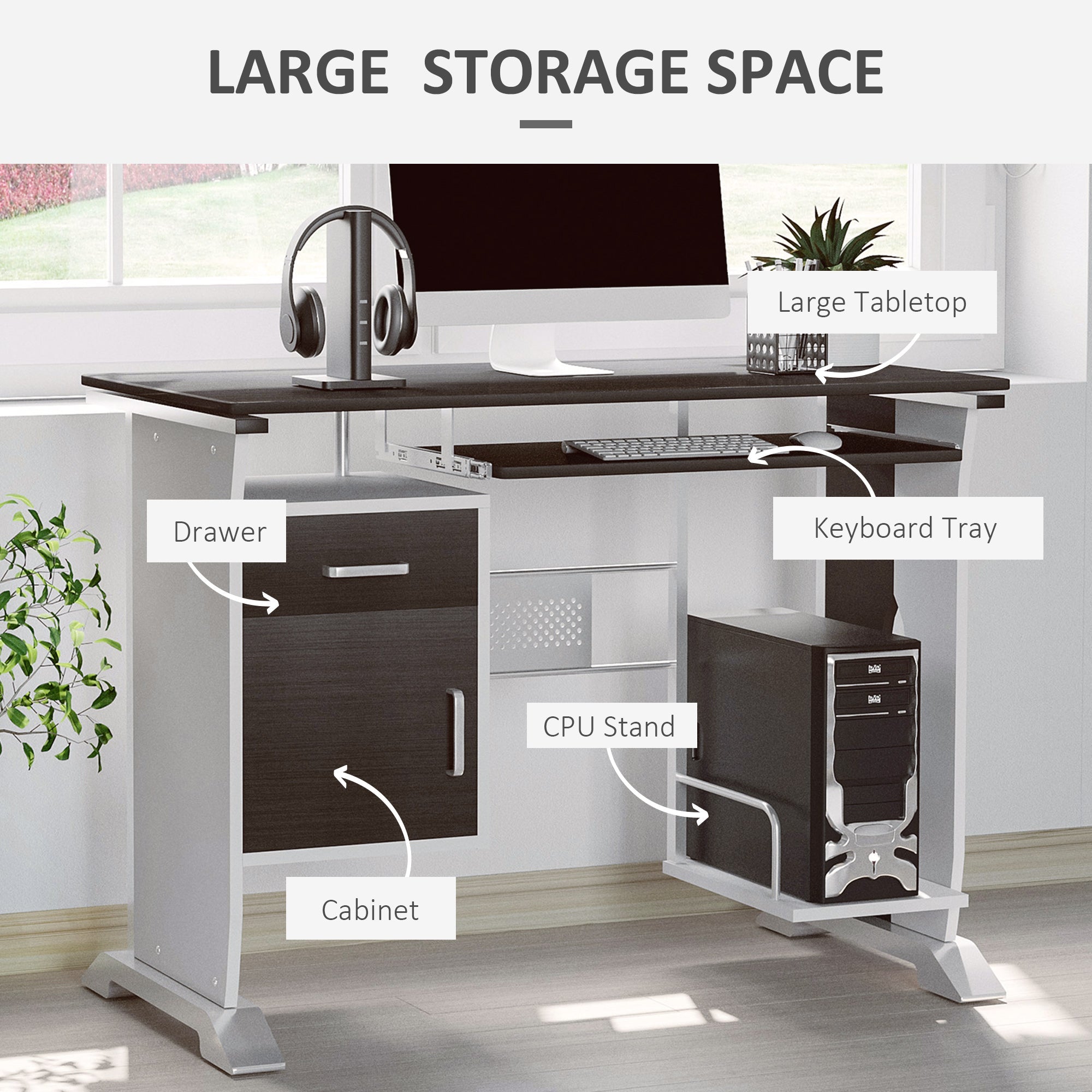 HOMCOM Home Office Workstation Desk, PC Computer Desk with Sliding Keyboard Tray, Storage Drawers, Host Box Shelf, Black Walnut | Aosom UK