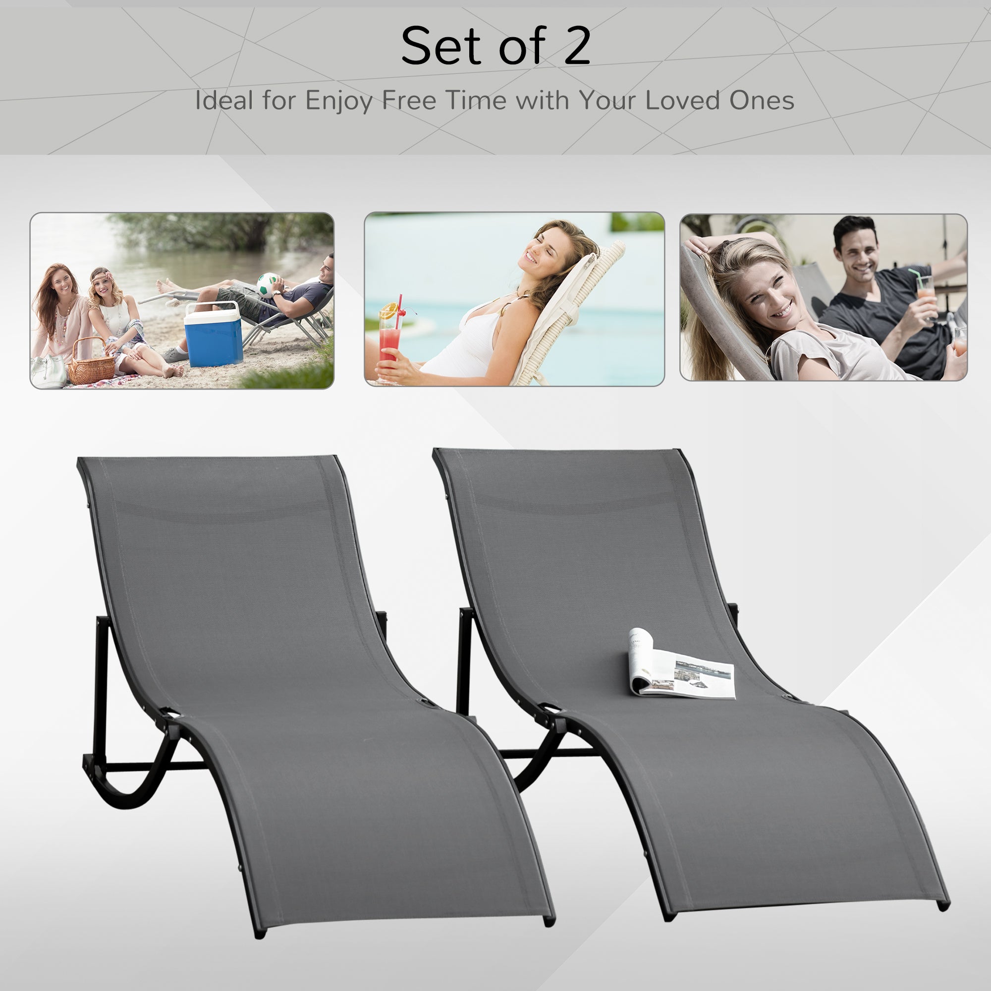 Kozy Set of 2 S-shaped Foldable Lounge Chair Sun Lounger Reclining Outdoor Chair for Patio Beach Garden, Grey