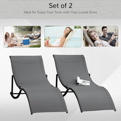 Kozy Set of 2 S-shaped Foldable Lounge Chair Sun Lounger Reclining Outdoor Chair for Patio Beach Garden, Grey