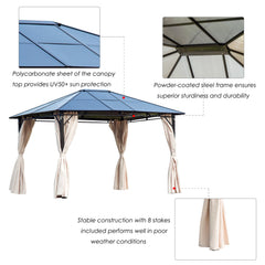 Outsunny 3.6 x 3(m) Hardtop Gazebo Canopy with Polycarbonate Roof Garden Pavilion with Removable Curtains and Steel Frame, Brown