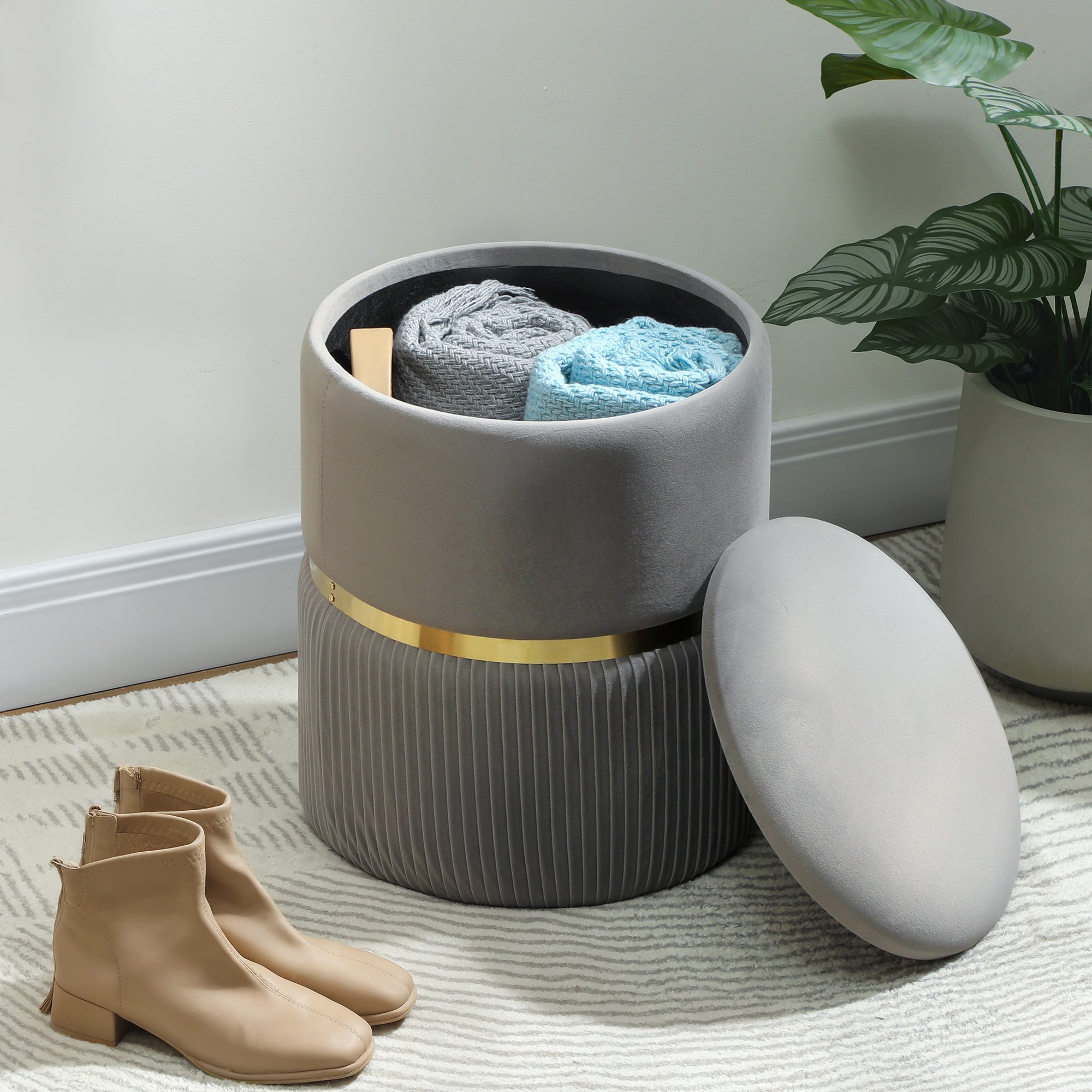 Kozy - Velvet-Feel Storage Ottoman - Light Grey