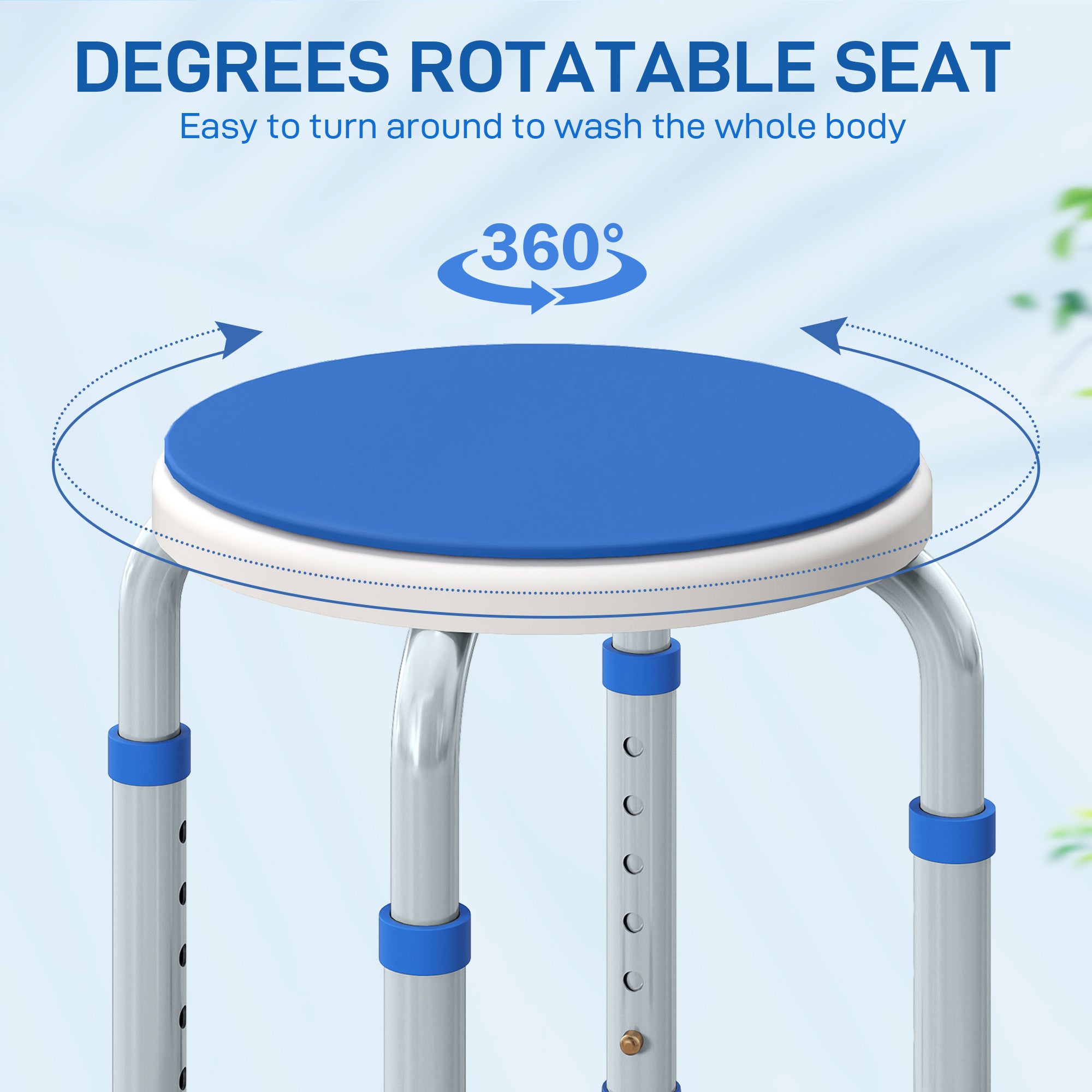Kozy - 360° Swivel Shower Chair, Height Adjustable Aluminium Shower Stool with Non-Slip Feet for Disabled, Elderly, Blue
