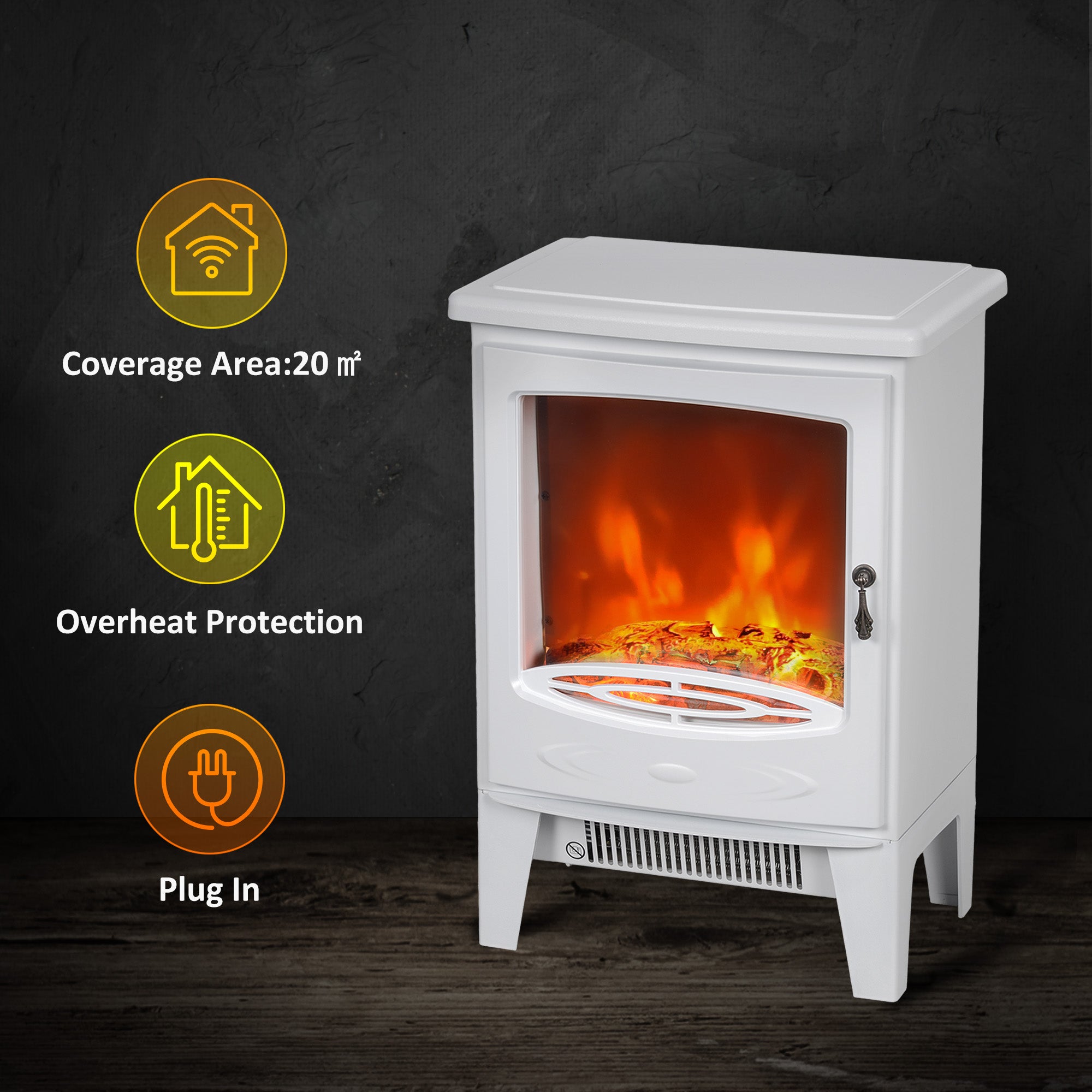 Kozy - Tempered Glass Casing Electric Fireplace, Freestanding Electric Fire with Realistic Flame Effect, Log Burner with Overheat Protection, 950w/ 1850W, White
