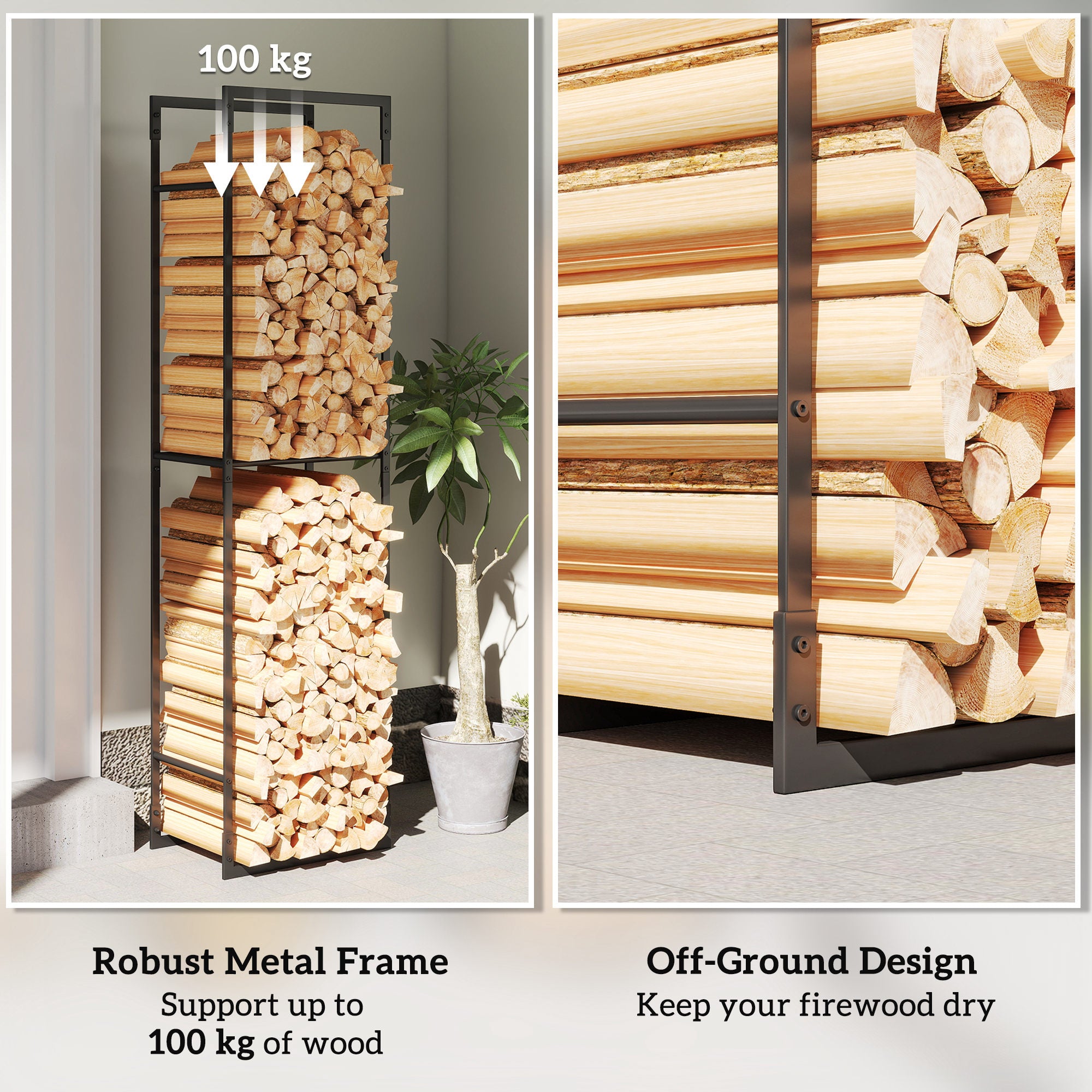 Kozy - Metal Firewood Log Holder, Heavy Duty Firewood Rack with Adjustable Shelf, Indoor Outdoor Fireplace Wood Storage Shelf, 45 x 31 x 170 cm, Black